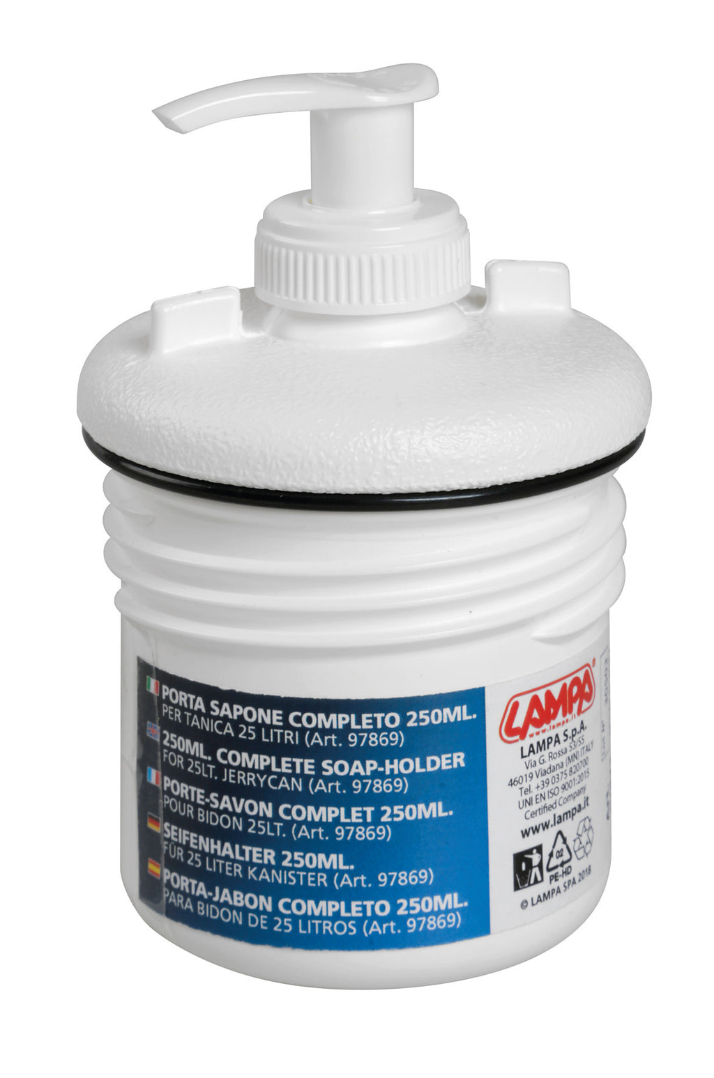 Tanica in plastica, con rubinetto in metallo e dispenser porta sapone - 25 L
