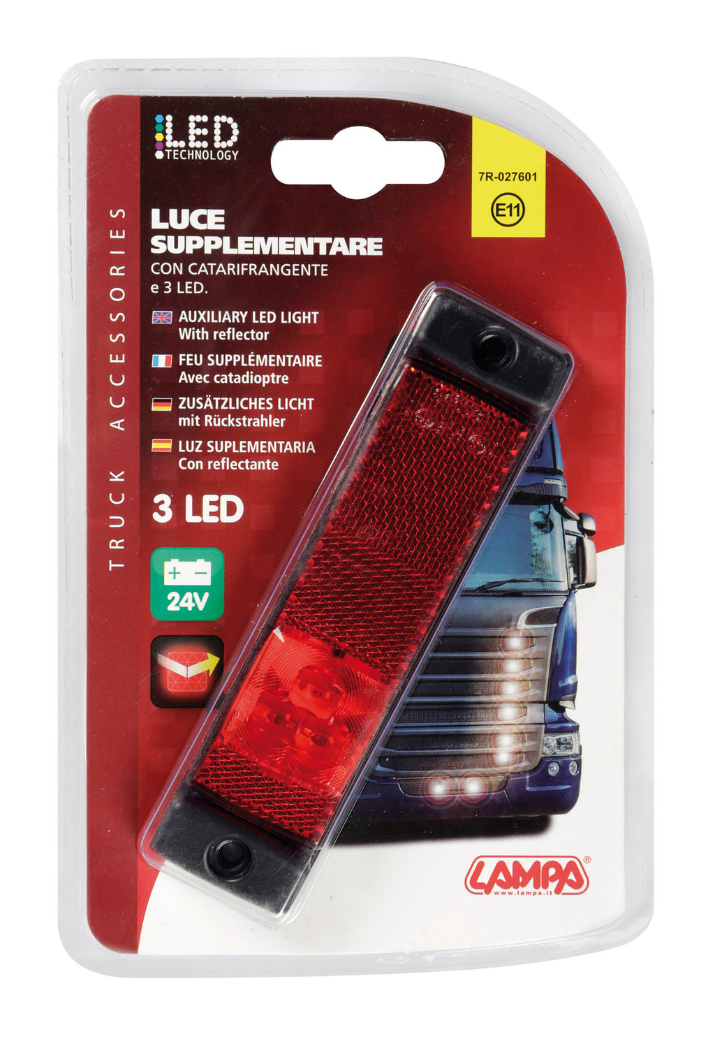 Luce ingombro con catarifrangente - 3 Led - 24V - Rosso