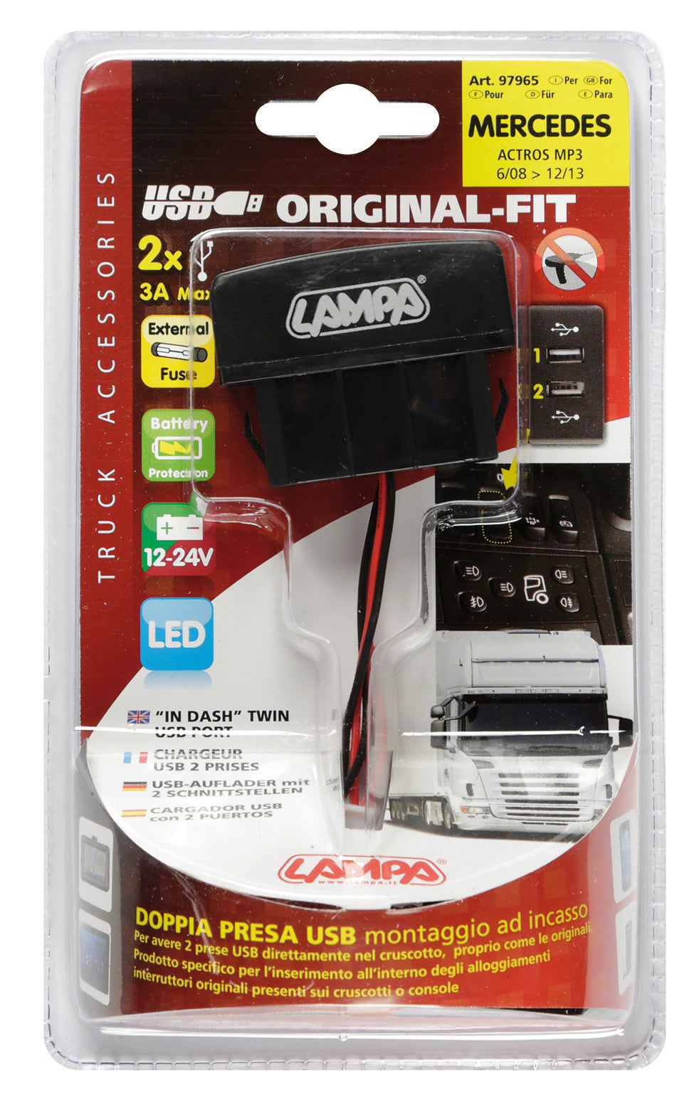 Original-Fit, doppia presa USB, 12/24V, compatibile con Mercedes