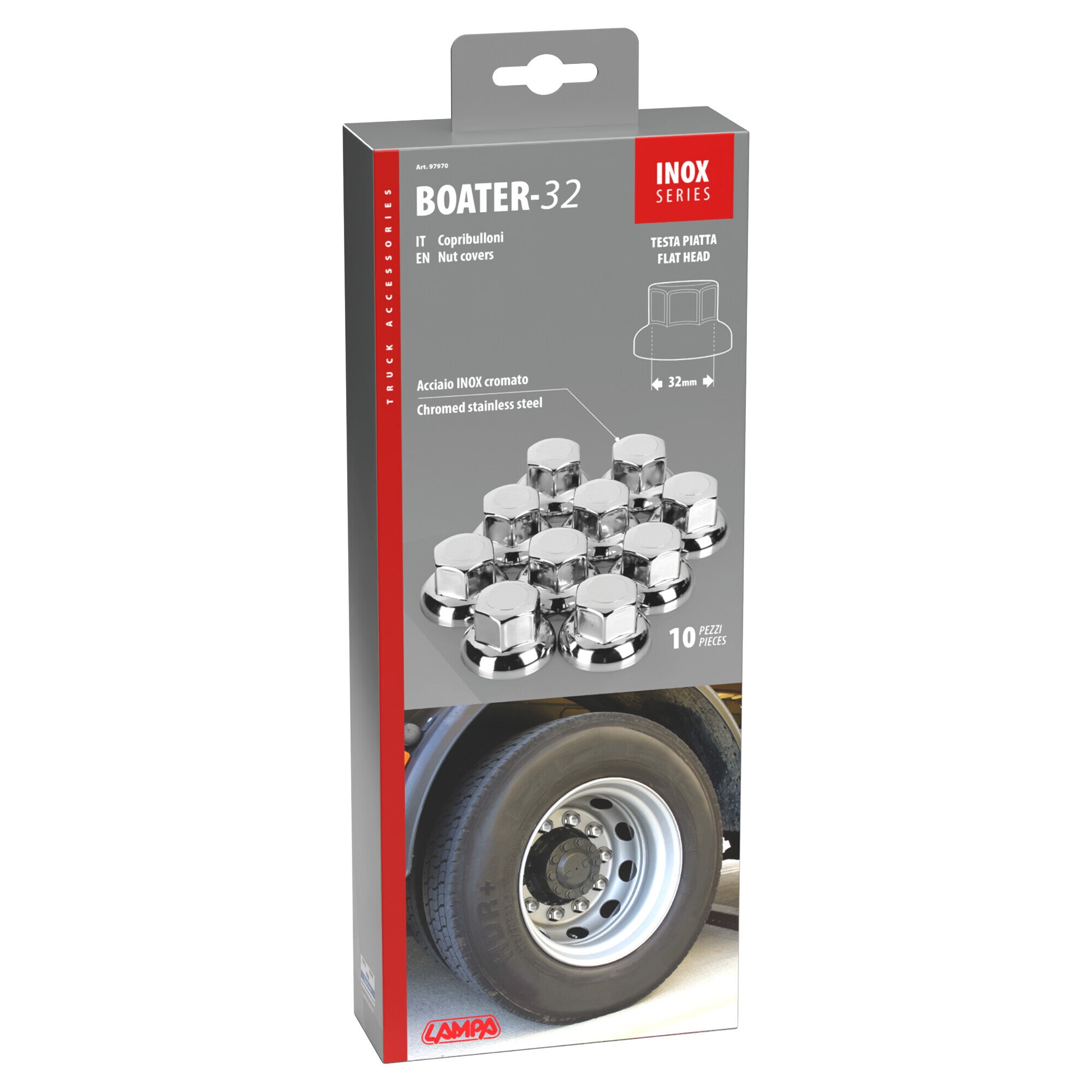 Boater, Set 10 copribulloni testa piatta in acciaio inox - Ø 32 mm - Cromo