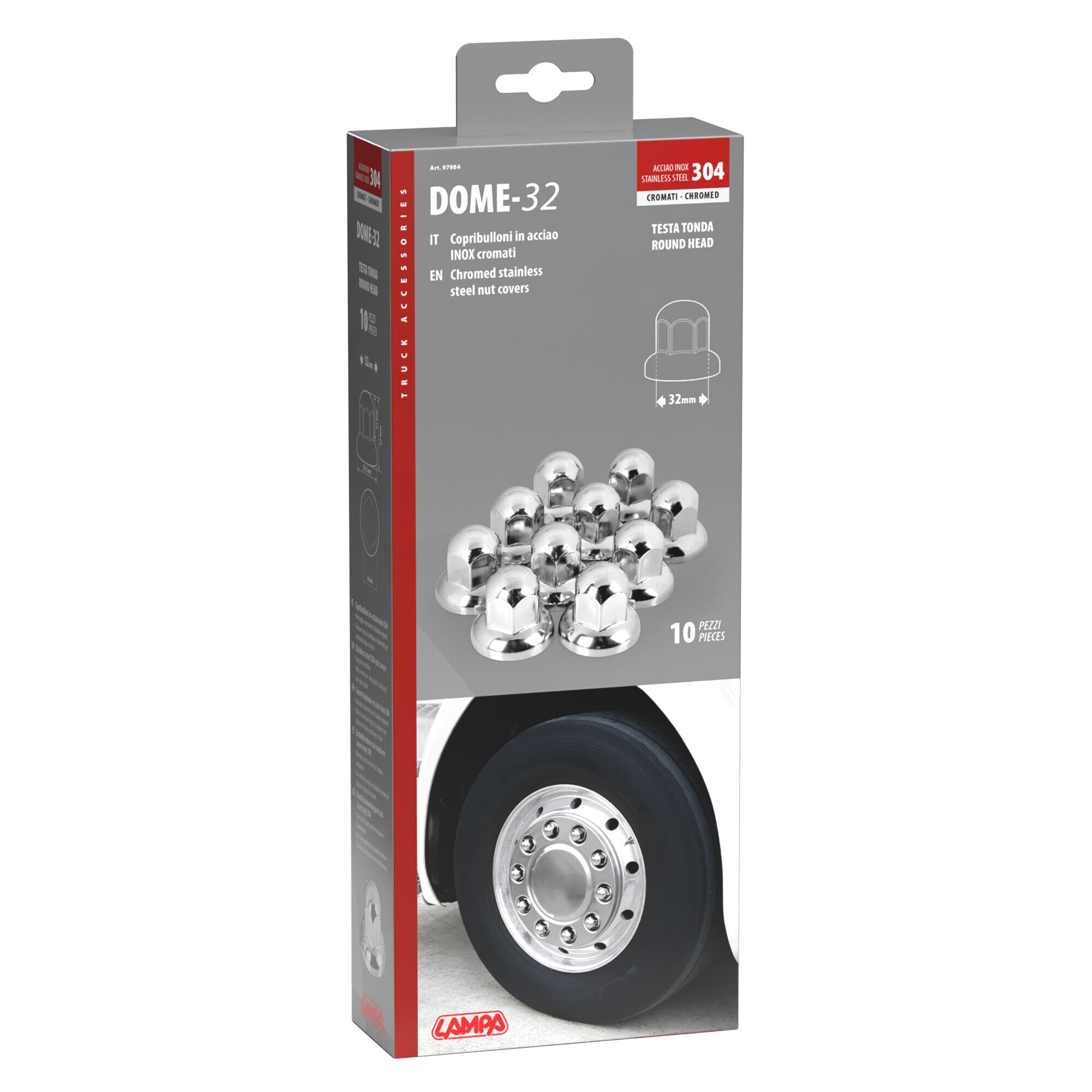 Dome, Set 10 copribulloni testa tonda in acciaio inox - Ø 32 mm - Cromo
