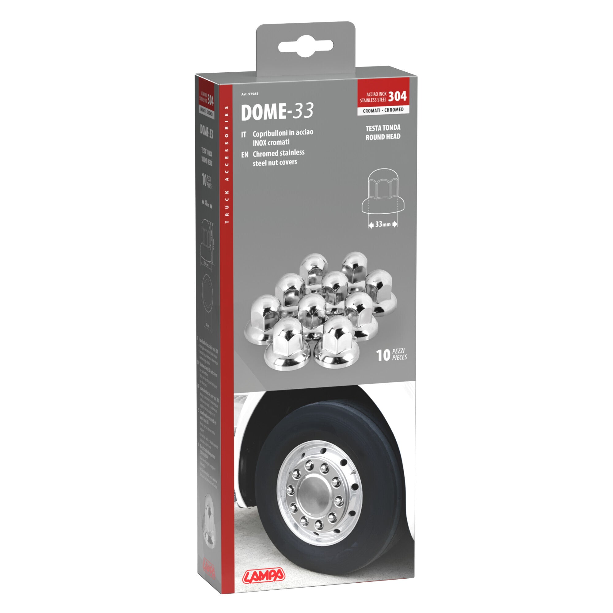 Dome, Set 10 copribulloni testa tonda in acciaio inox - Ø 33 mm - Cromo