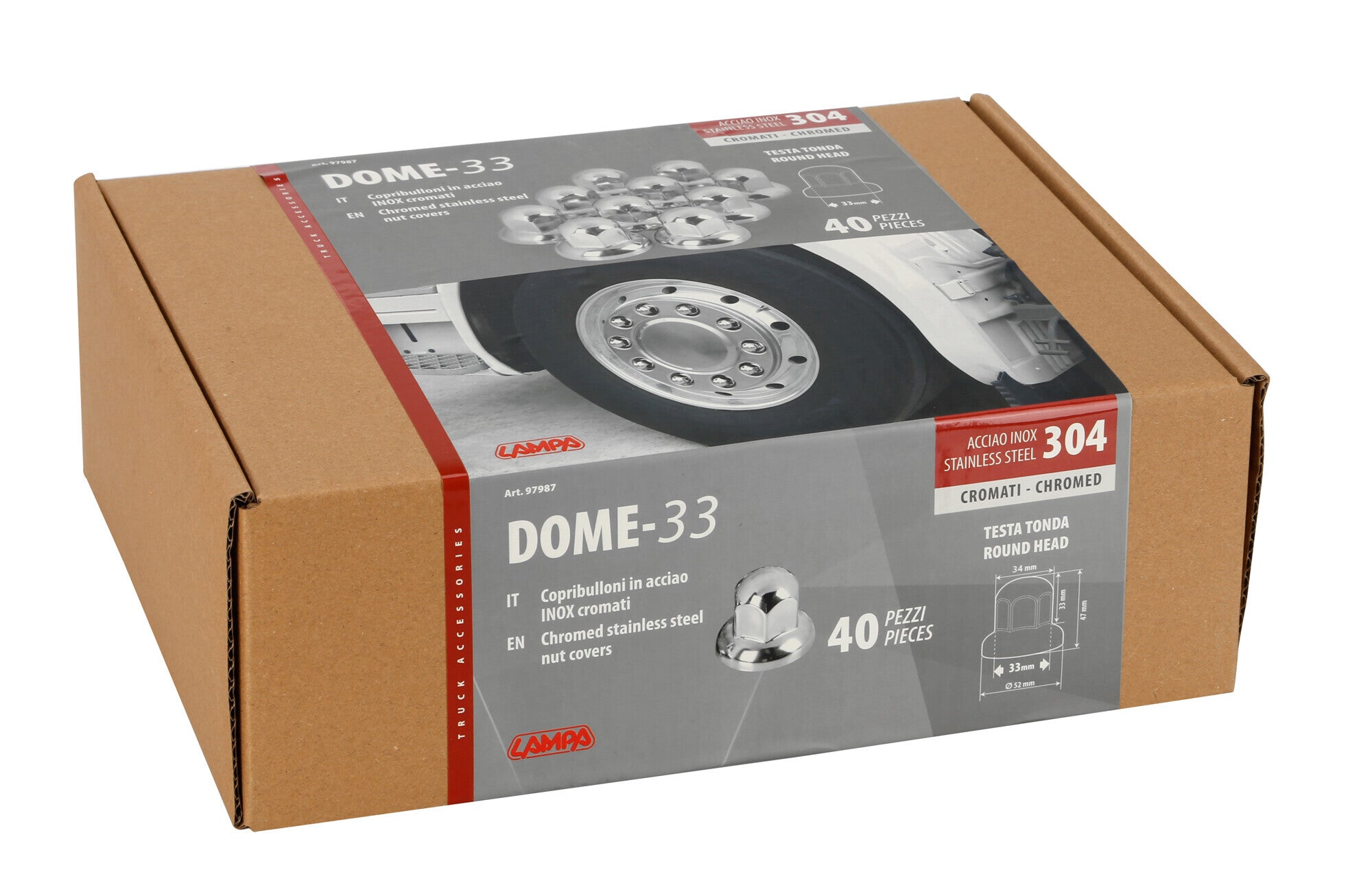 Dome, Set 40 copribulloni testa tonda in acciaio inox - Ø 33 mm - Cromo