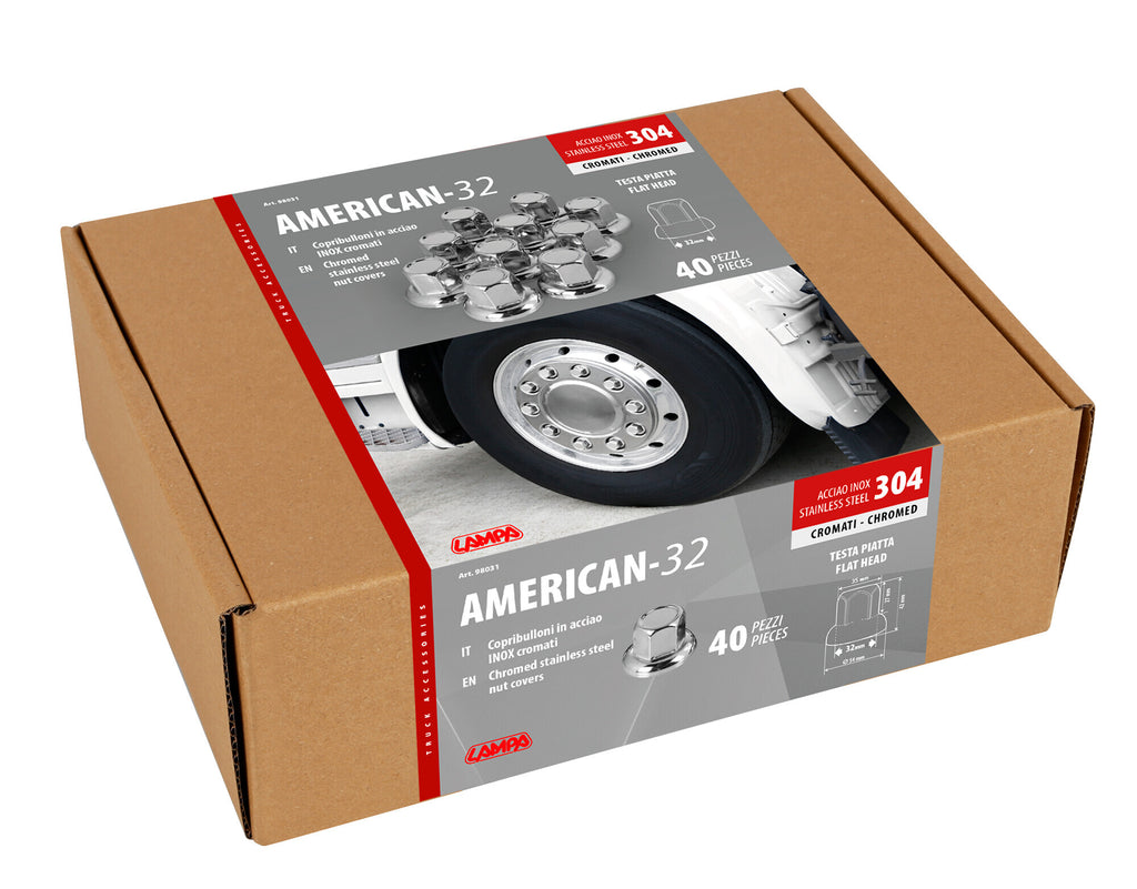 American, Set 40 copribulloni testa piatta in acciaio inox - Ø 32 mm - Cromo