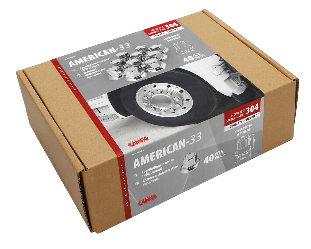 American, Set 40 copribulloni testa piatta in acciaio inox - Ø 33 mm - Cromo