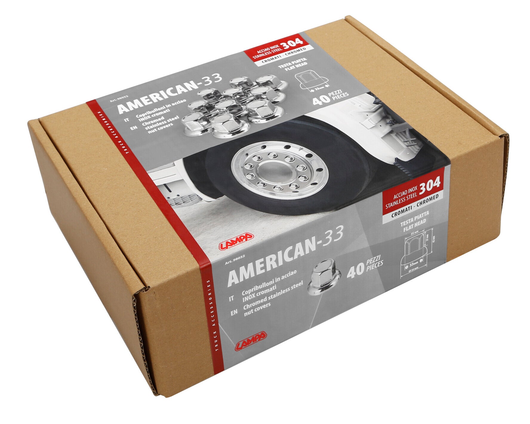 American, Set 40 copribulloni testa piatta in acciaio inox - Ø 33 mm - Cromo