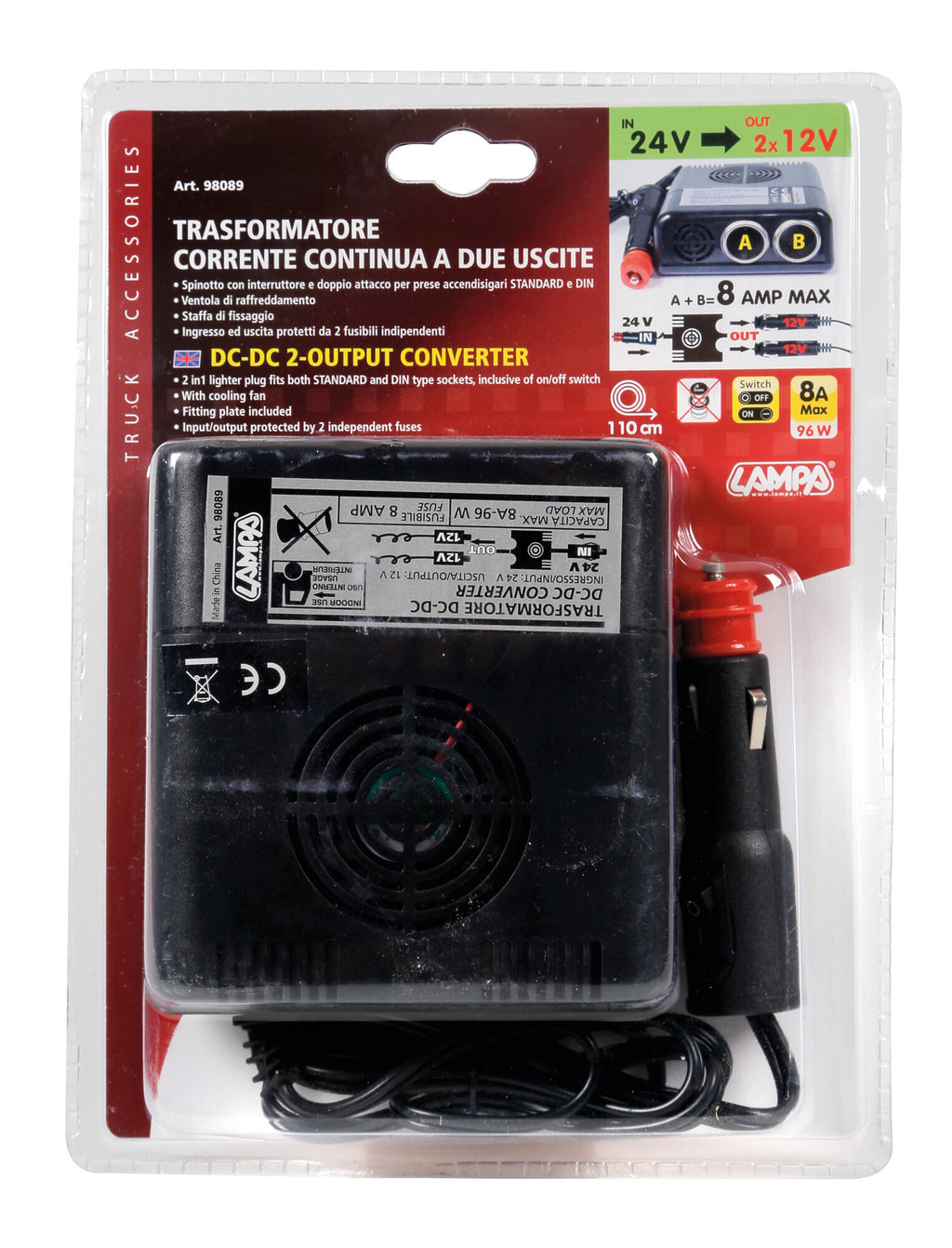 Trasformatore di corrente a due uscite 24V > 12V - 8A