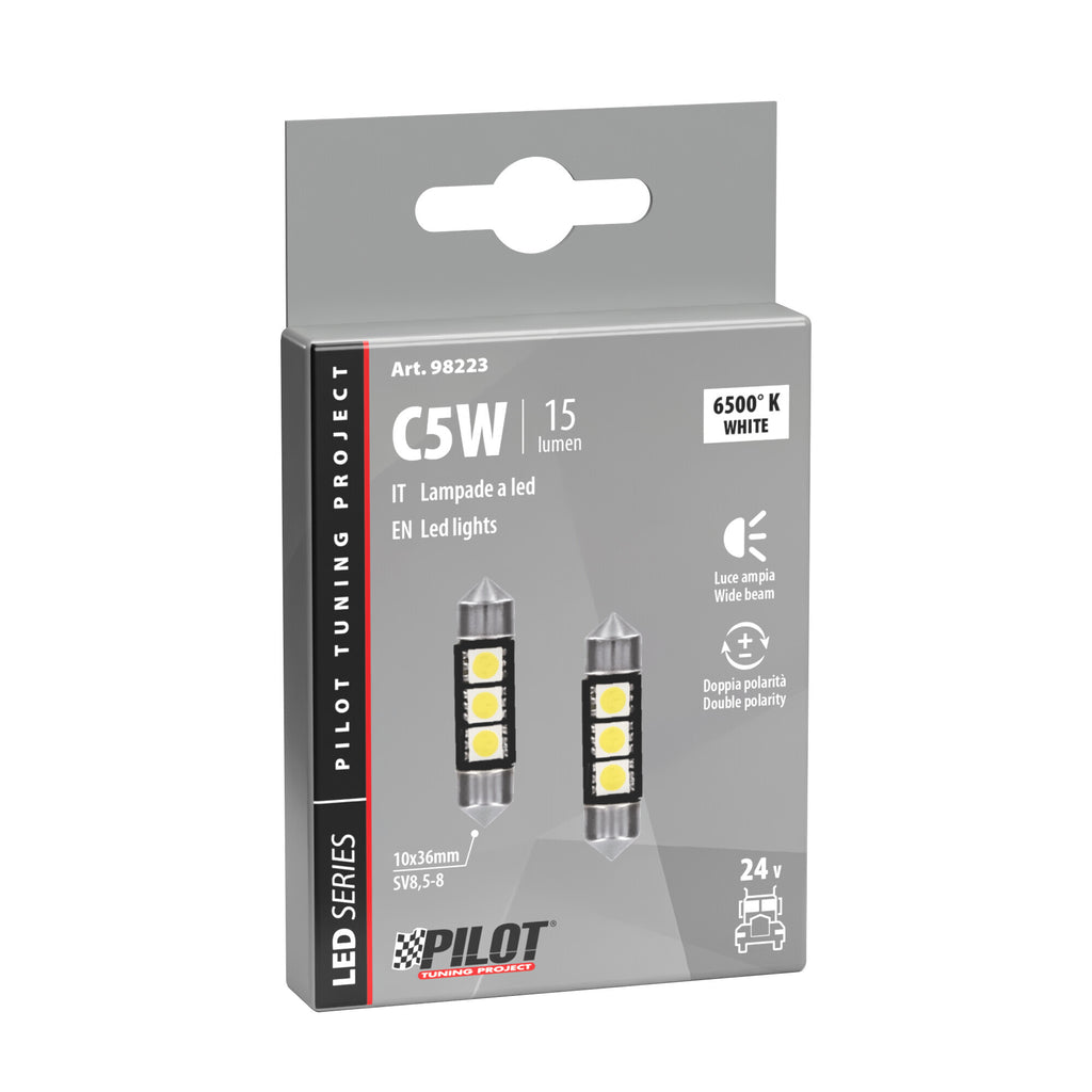 24V Led Series - 3 SMD x 3 chips - (C5W) - 10x36 mm - SV8,5-8 - 2 pz - Scatola - Bianco - Doppia polarità