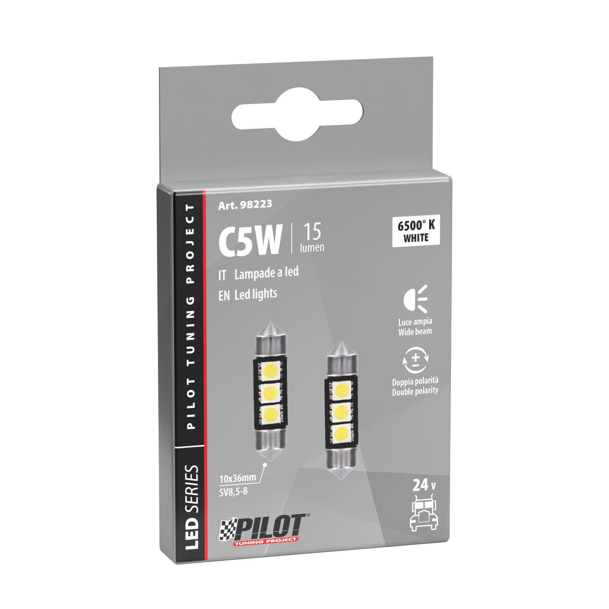 24V Led Series - 3 SMD x 3 chips - (C5W) - 10x36 mm - SV8,5-8 - 2 pz - Scatola - Bianco - Doppia polarità