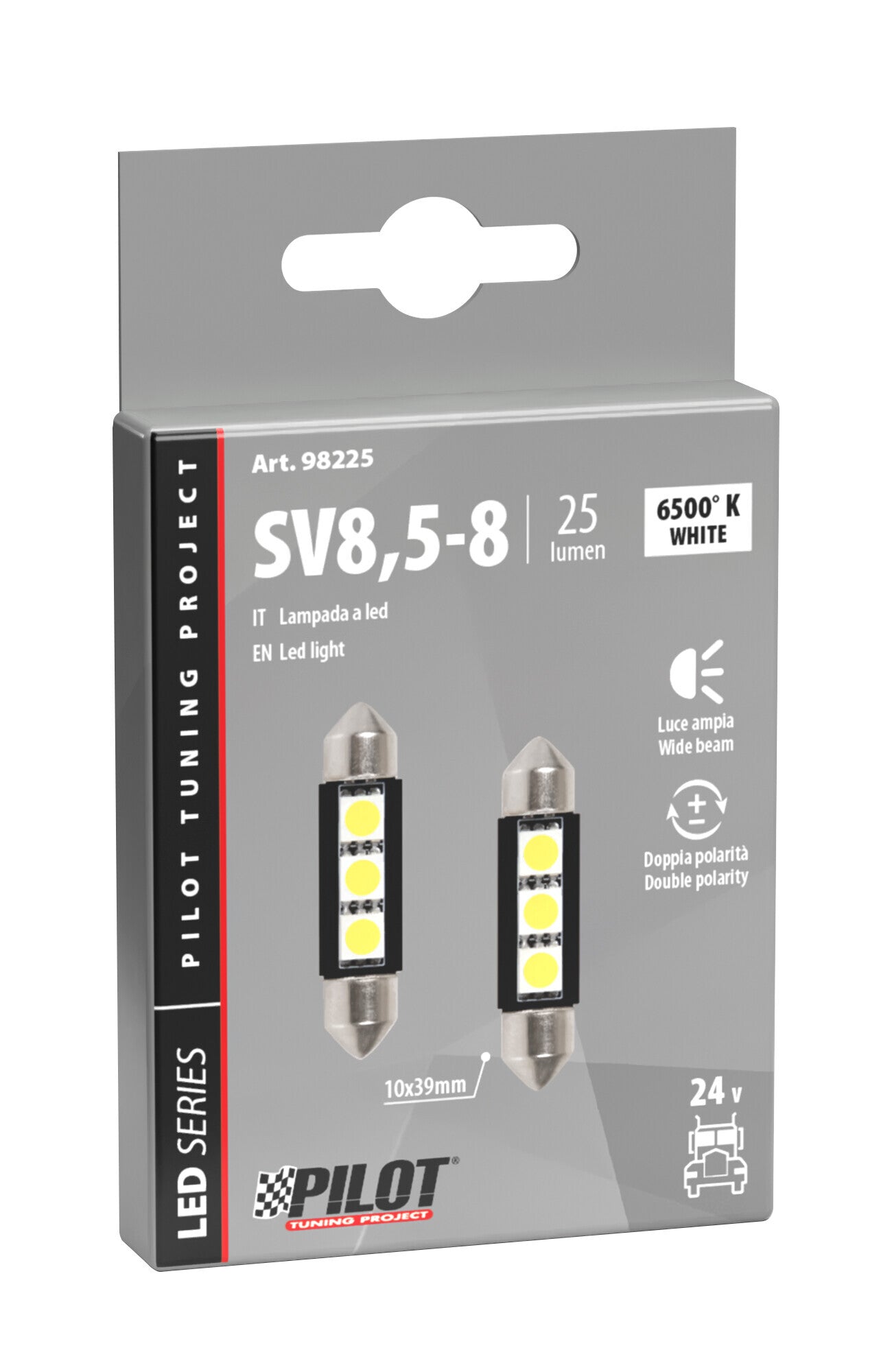 24V Led Series - 3 SMD x 3 chips - 10x39 mm - SV8,5-8 - 2 pz - Scatola - Bianco - Doppia polarità