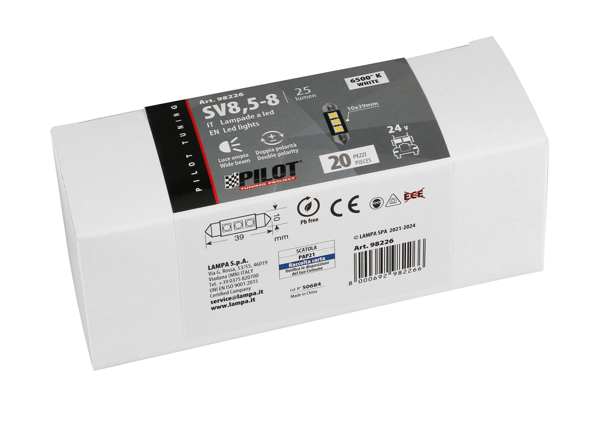 24V Led Series - 3 SMD x 3 chips - 10x39 mm - SV8,5-8 - 20 pz - Scatola - Bianco - Doppia polarità