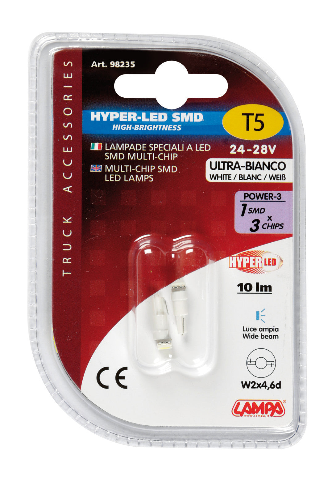 24V Hyper-Led 3 - 1 SMD x 3 chips - (T5) - W2x4,6d - 2 pz - D/Blister - Bianco