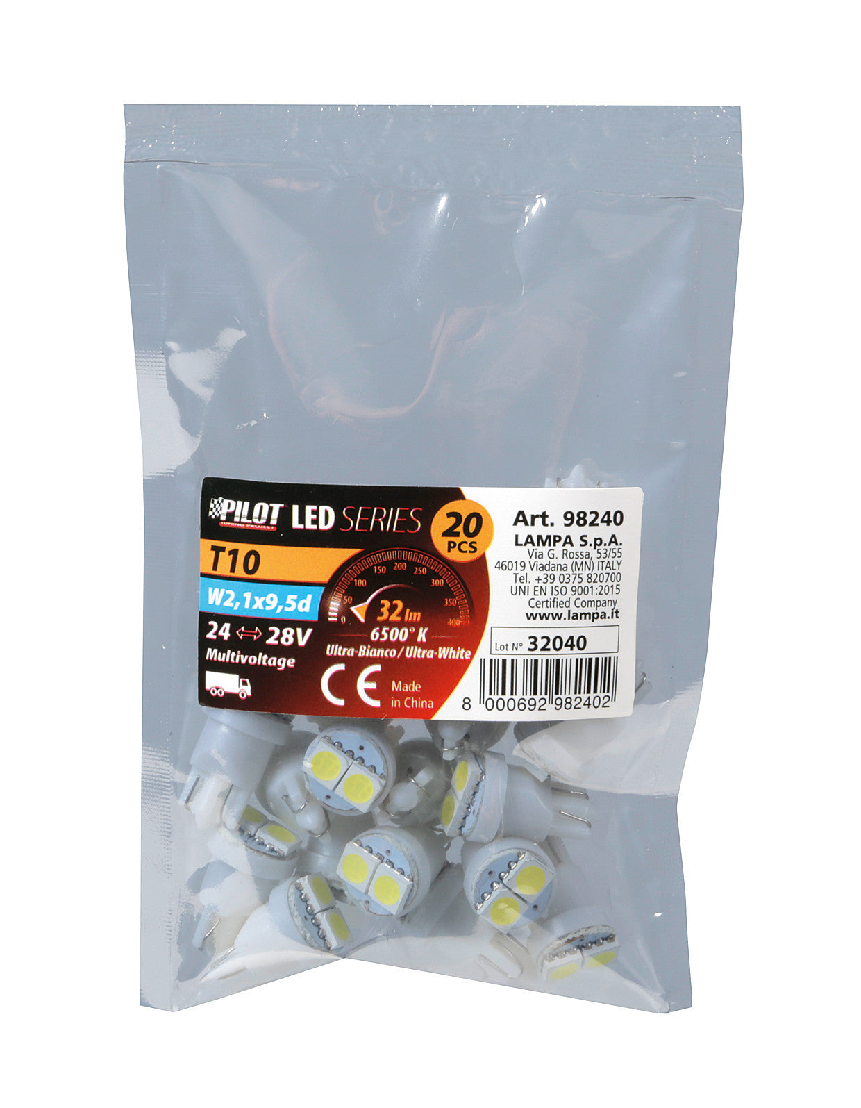 24V Hyper-Led 6 - 2 SMD x 3 chips - (T10) - W2,1x9,5d - 20 pz - Scatola - Bianco - Doppia polarità