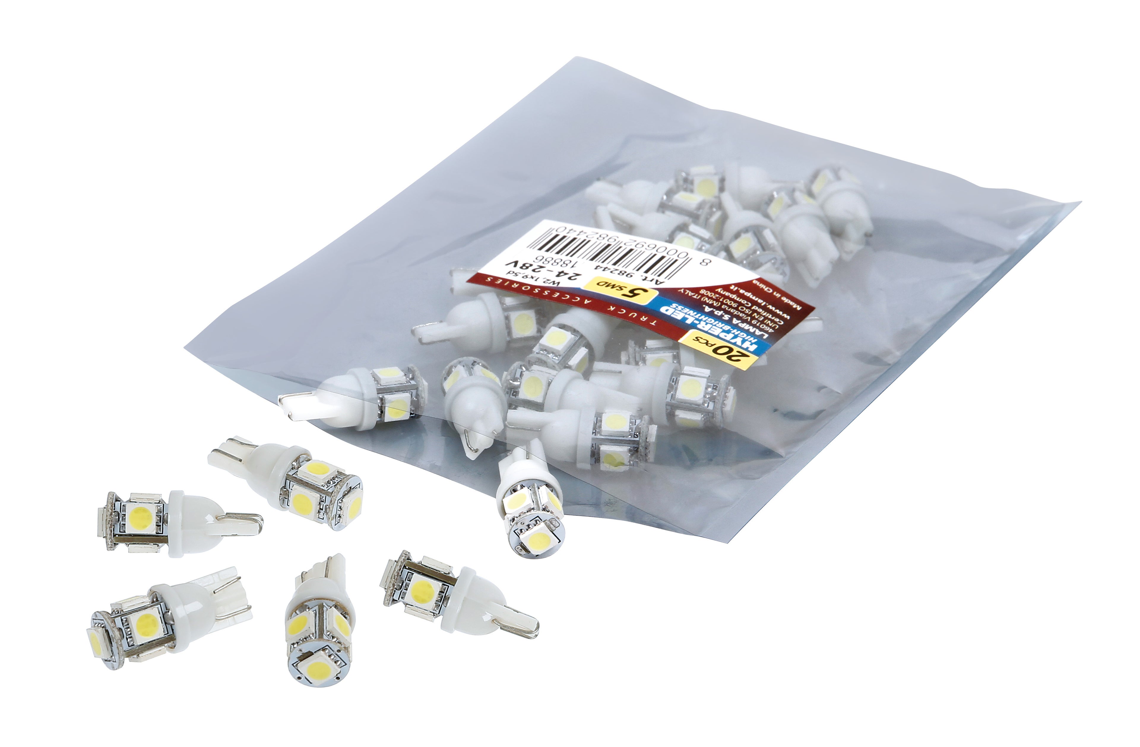 24V Hyper-Led 15 - 5 SMD x 3 chips - (T10) - W2,1x9,5d - 20 pz - Scatola - Bianco - Doppia polarità