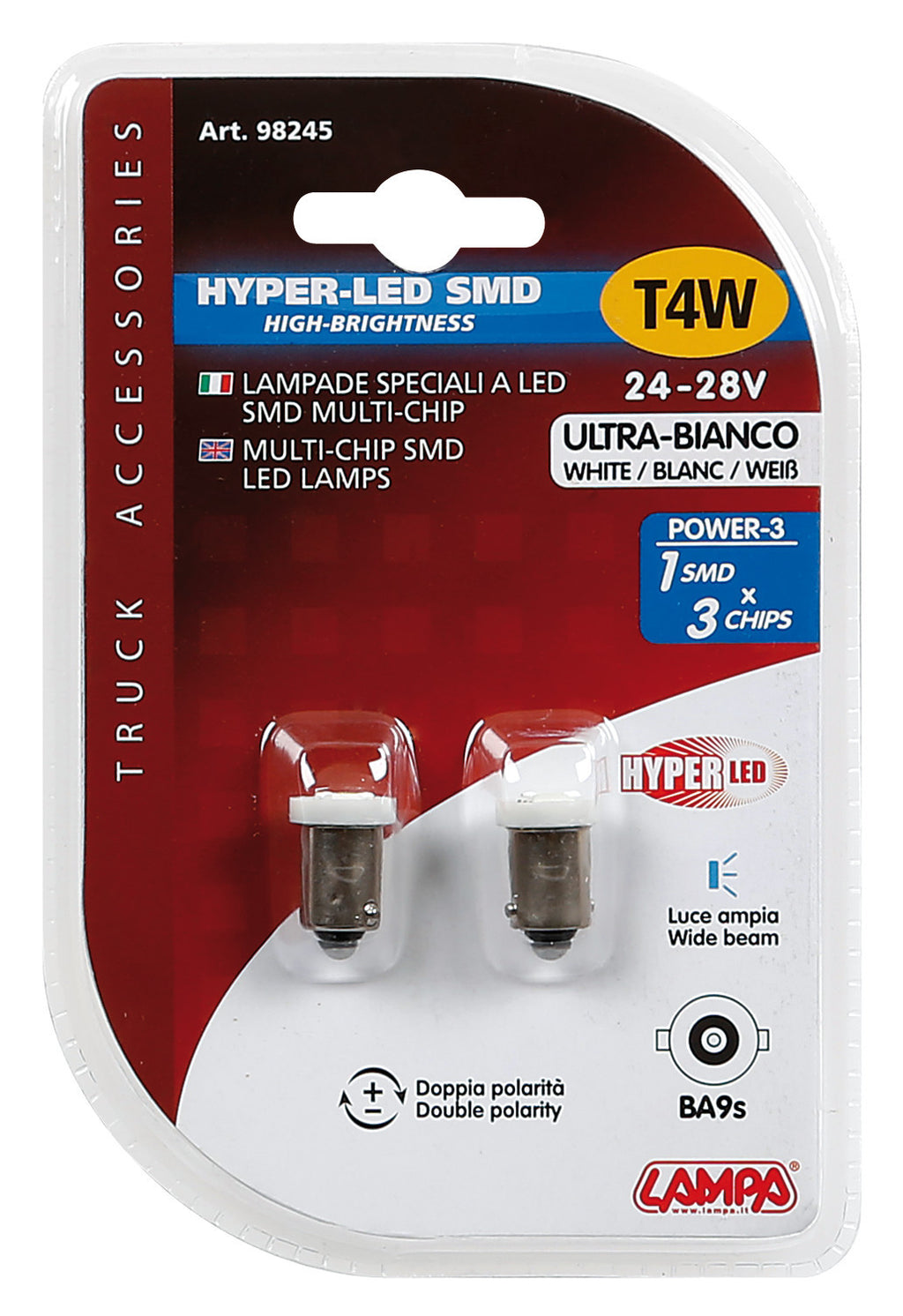 24V Led Series - 1 SMD x 3 chips - (T4W) - BA9s - 2 pz - D/Blister - Bianco - Doppia polarità