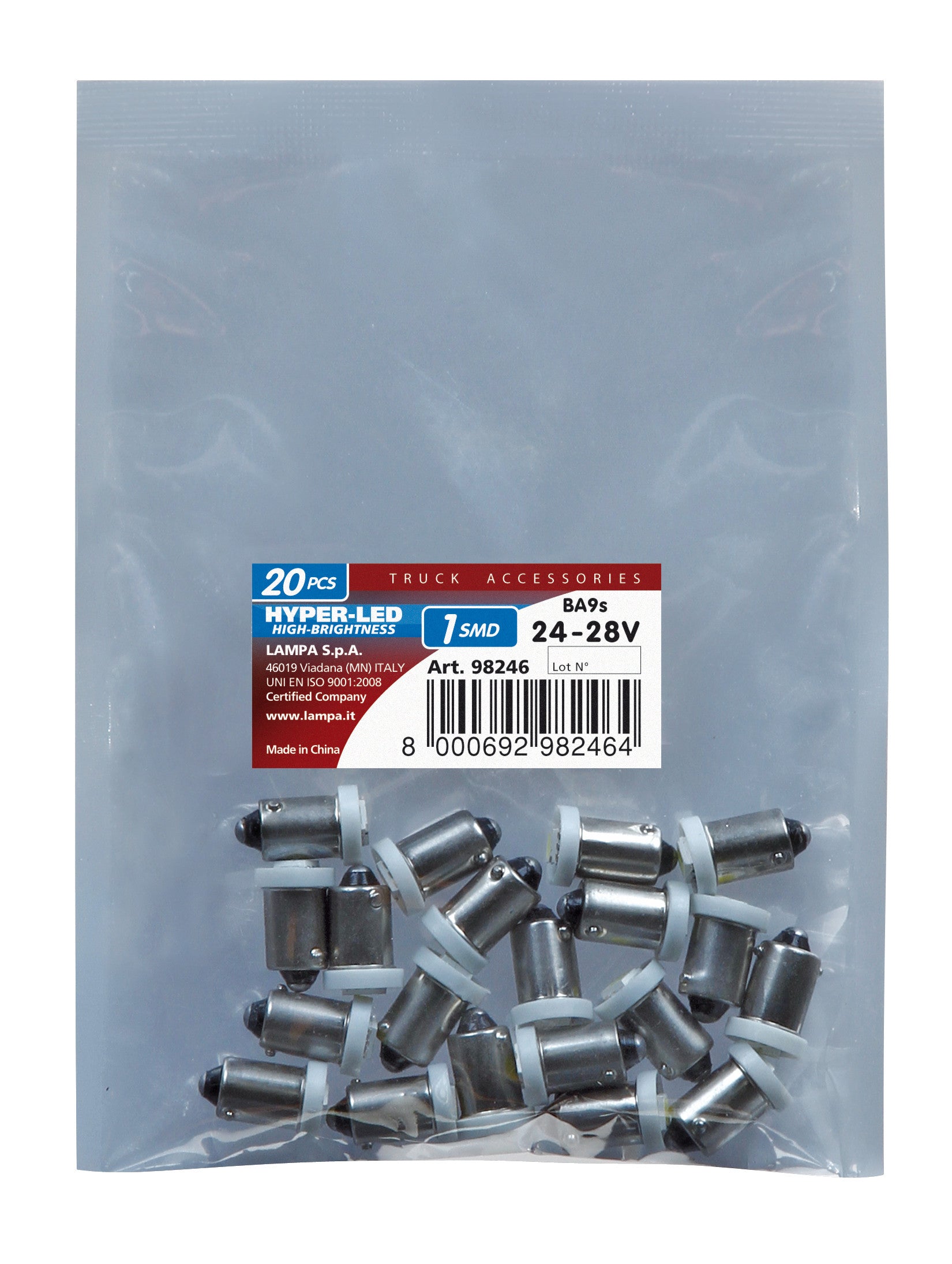 24V Led Series - 1 SMD x 3 chips - (T4W) - BA9s - 20 pz - Busta - Bianco - Doppia polarità