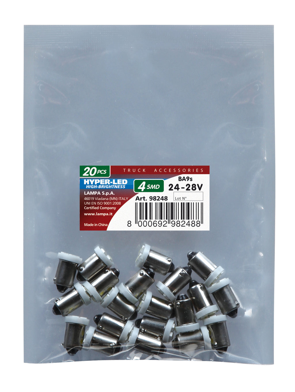 24V Led Series - 4 SMD x 1 chips - (T4W) - BA9s - 20 pz - Busta - Bianco - Doppia polarità