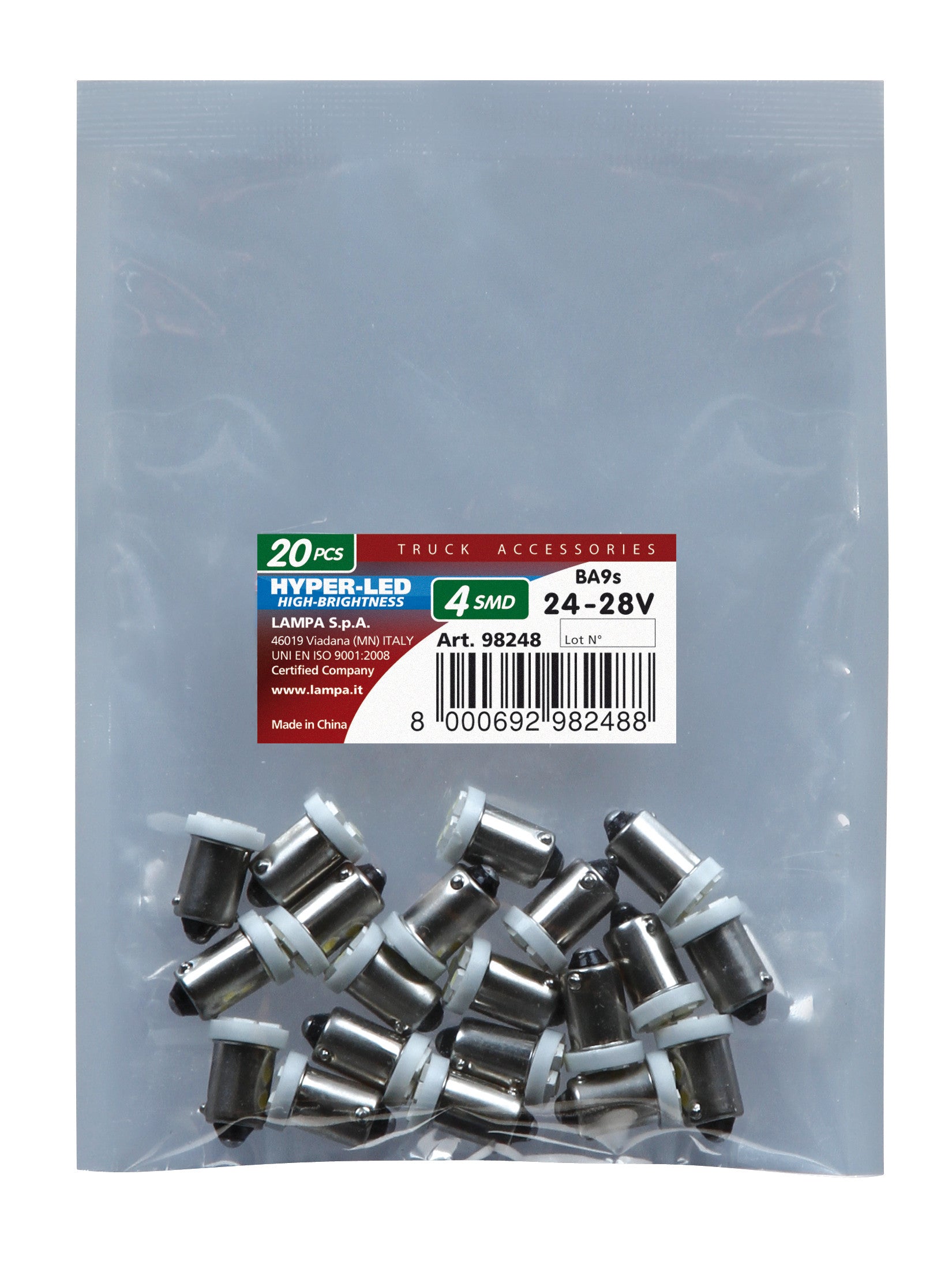 24V Led Series - 4 SMD x 1 chips - (T4W) - BA9s - 20 pz - Busta - Bianco - Doppia polarità