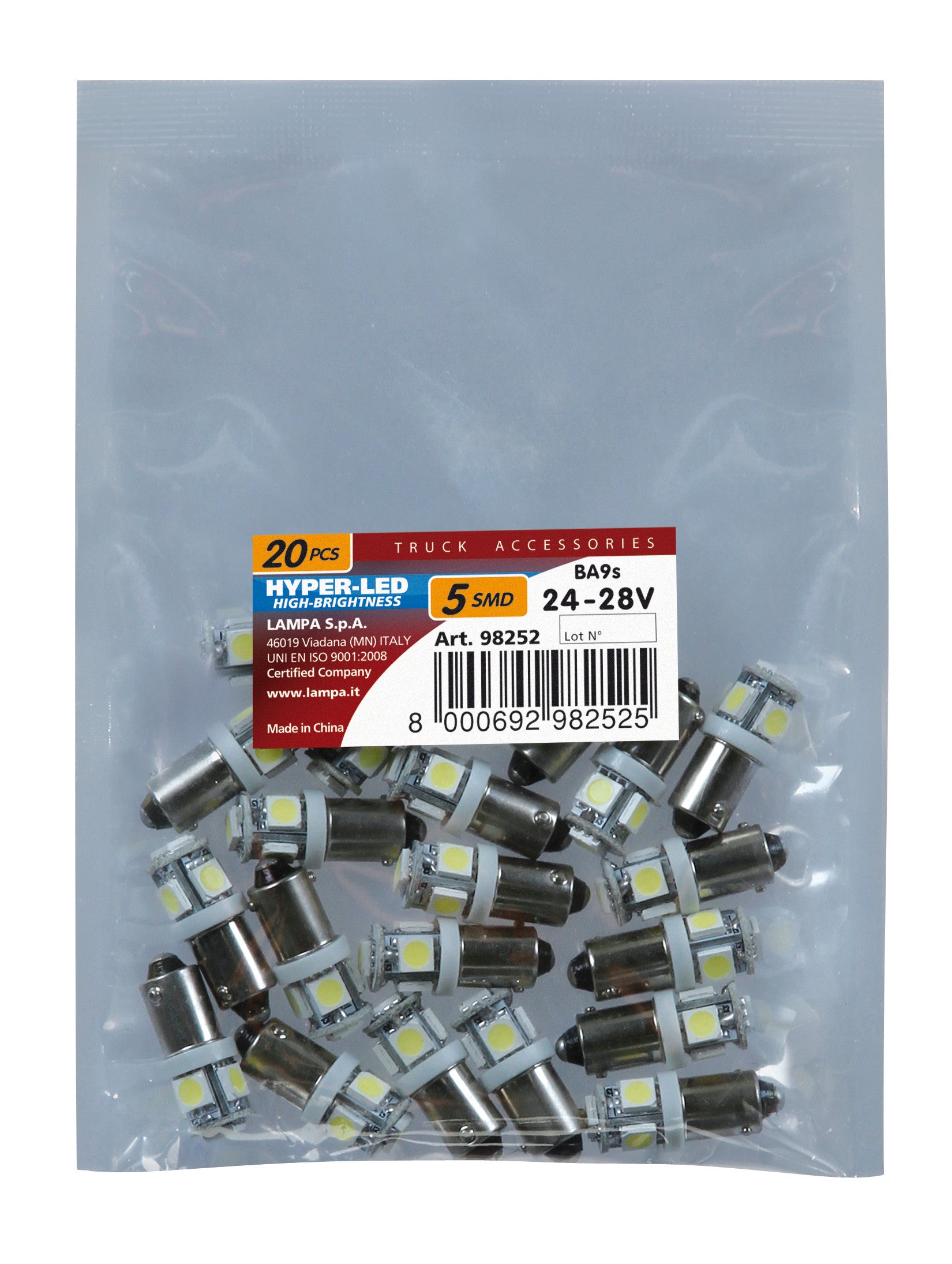 24V Led Series - 5 SMD x 3 chips - (T4W) - BA9s - 20 pz - Busta - Bianco - Doppia polarità
