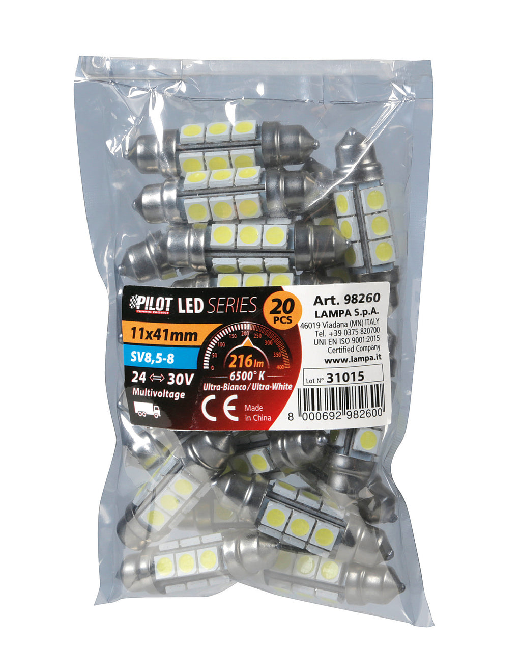 24V Led Series - 12 SMD x 3 chips - 11x41 mm - SV8,5-8 - 20 pz - Busta - Bianco - Doppia polarità