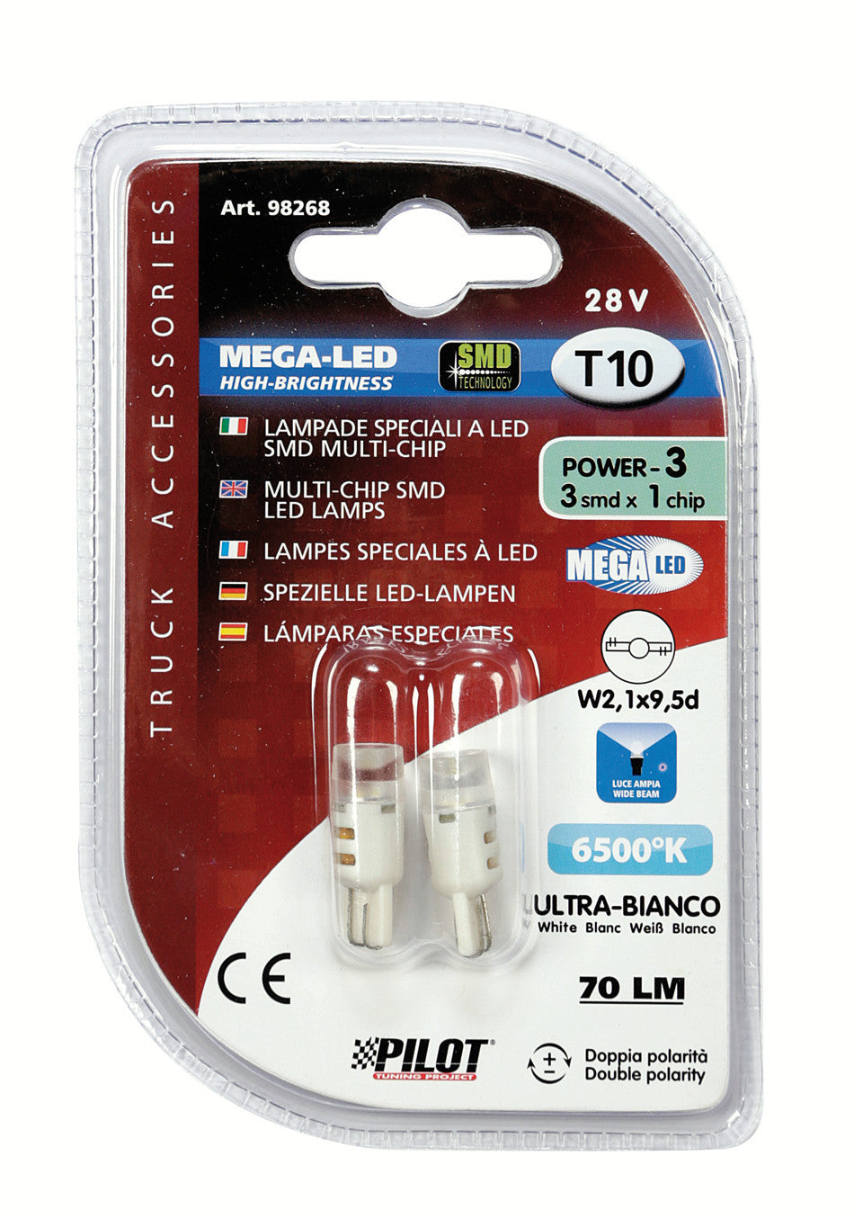 24V Mega-Led 3 - 3 SMD x 1 chip - (T10) - W2,1x9,5d - 2 pz - D/Blister - Bianco - Doppia polarità