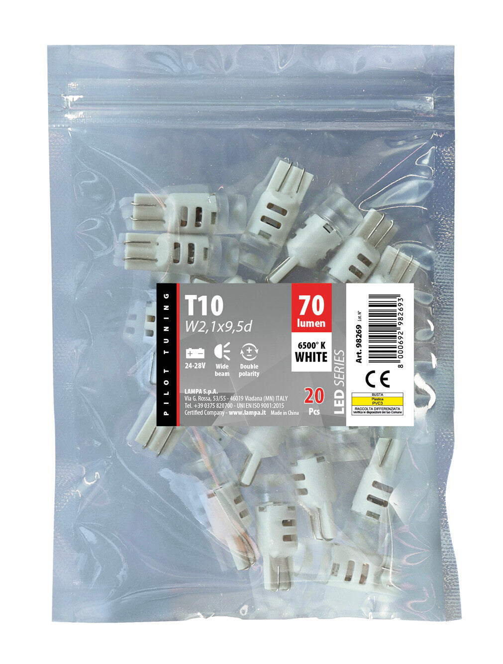 24V Mega-Led 3 - 3 SMD x 1 chip - (T10) - W2,1x9,5d - 20 pz - Busta - Bianco - Doppia polarità
