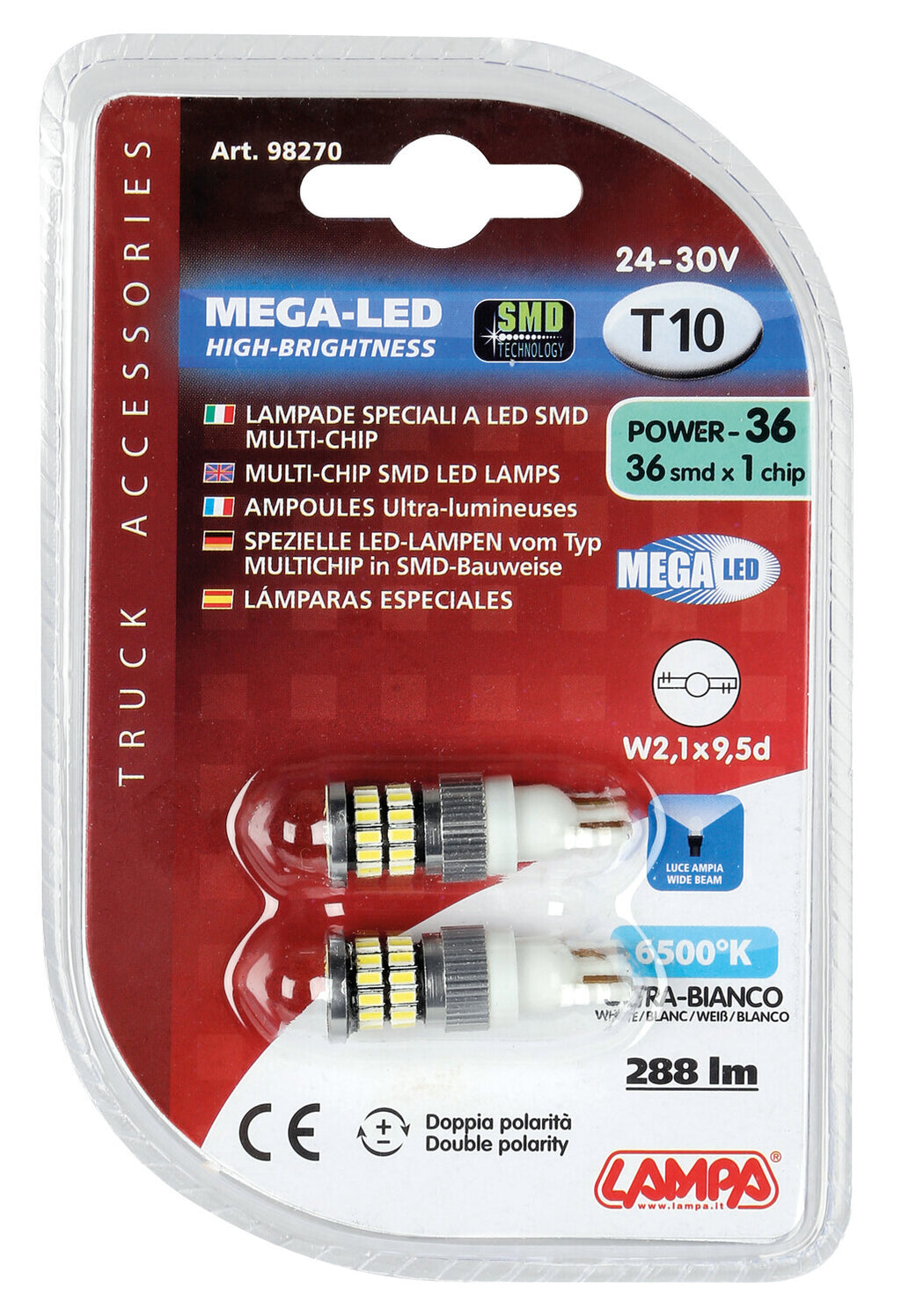 24V Mega-Led 36 - 36 SMD x 1 chip - (T10) - W2,1x9,5d - 2 pz - D/Blister - Bianco - Doppia polarità