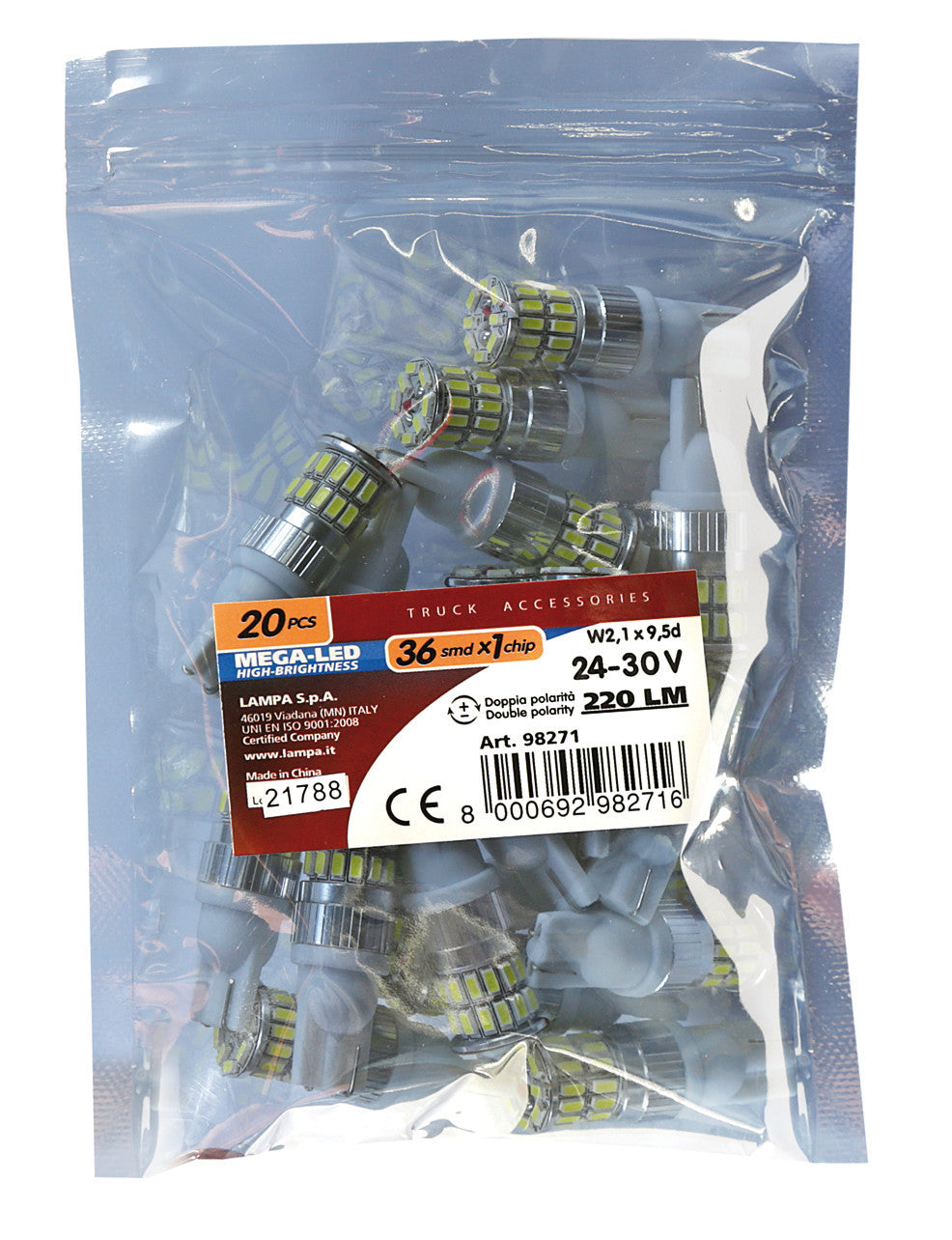 24V Mega-Led 36 - 36 SMD x 1 chip - (T10) - W2,1x9,5d - 20 pz - Busta - Bianco - Doppia polarità