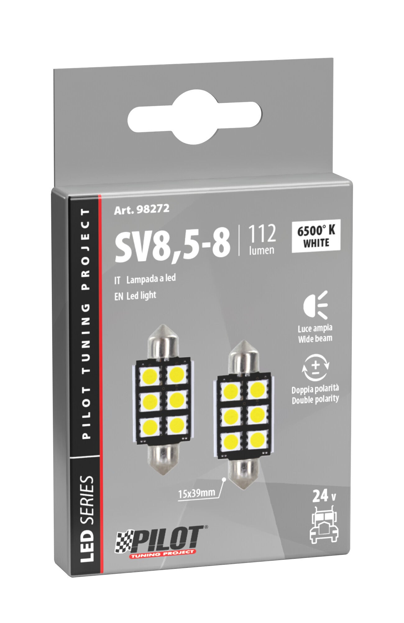 24V Led Series - 6 SMD x 3 chips - 15x39 mm - SV8,5-8 - 2 pz - Scatola - Bianco - Doppia polarità