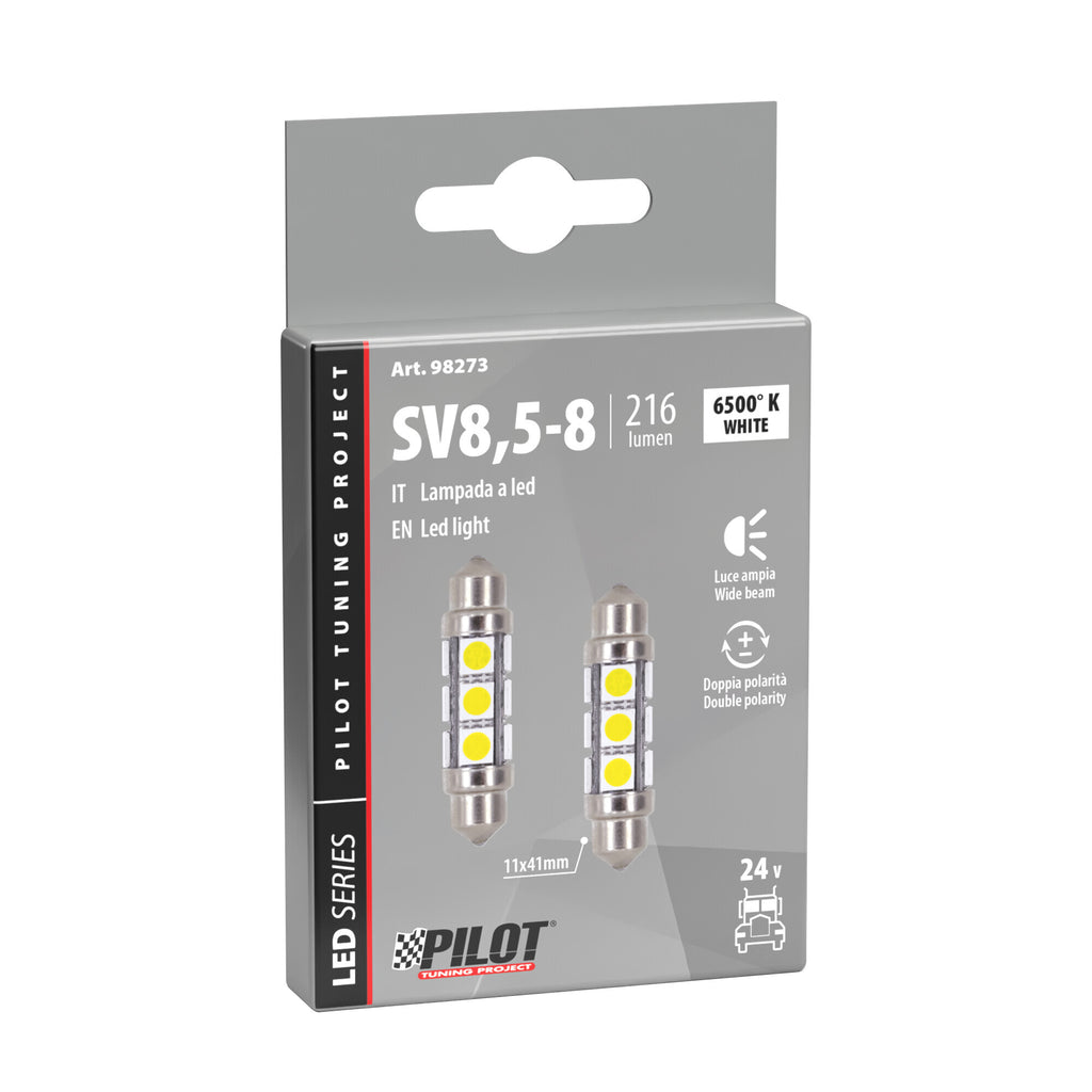 24V Led Series - 12 SMD x 3 chips - 11x41 mm - SV8,5-8 - 2 pz - Scatola - Bianco - Doppia polarità