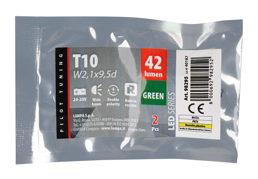 24V Led series - 6 Led SMD - (T10) - W2,1x9,5d - 2 pz - Busta - Verde - Doppia polarità - Resistenza incorporata