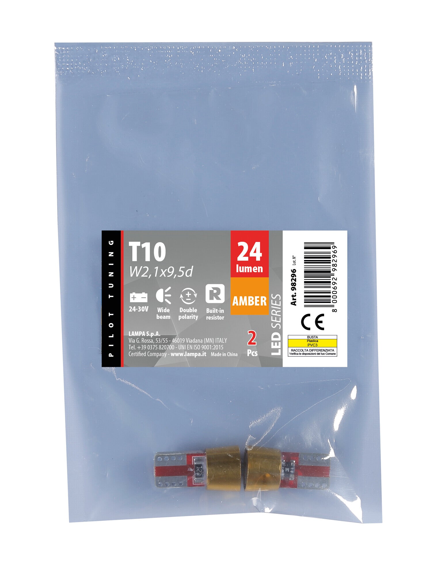 24V Led series - 6 Led SMD - (T10) - W2,1x9,5d - 2 pz - Busta - Arancio - Doppia polarità - Resistenza incorporata