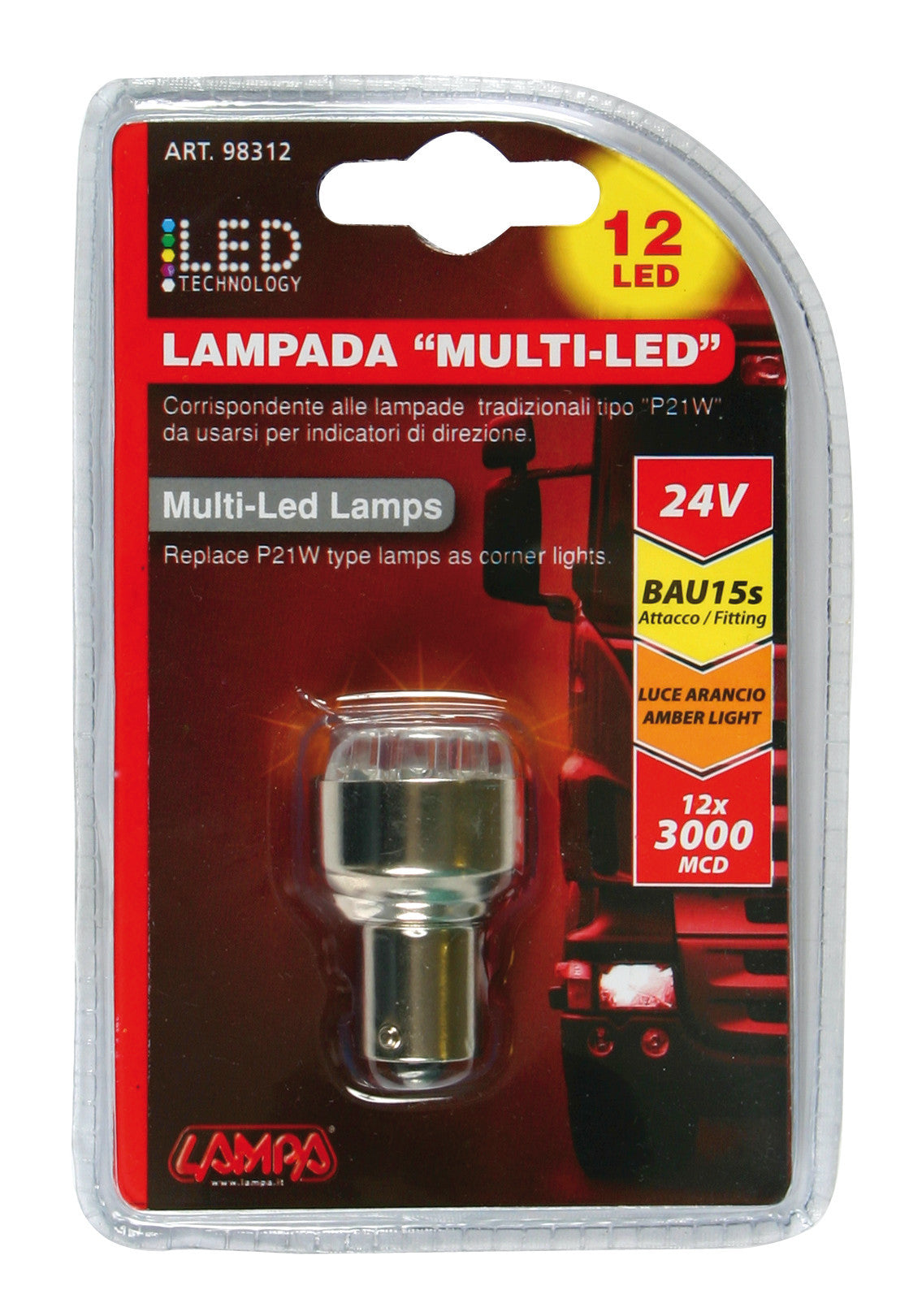 24V Lampada Multi-Led 12 Led - (PY21W) - BAU15s - 1 pz - D/Blister - Arancio