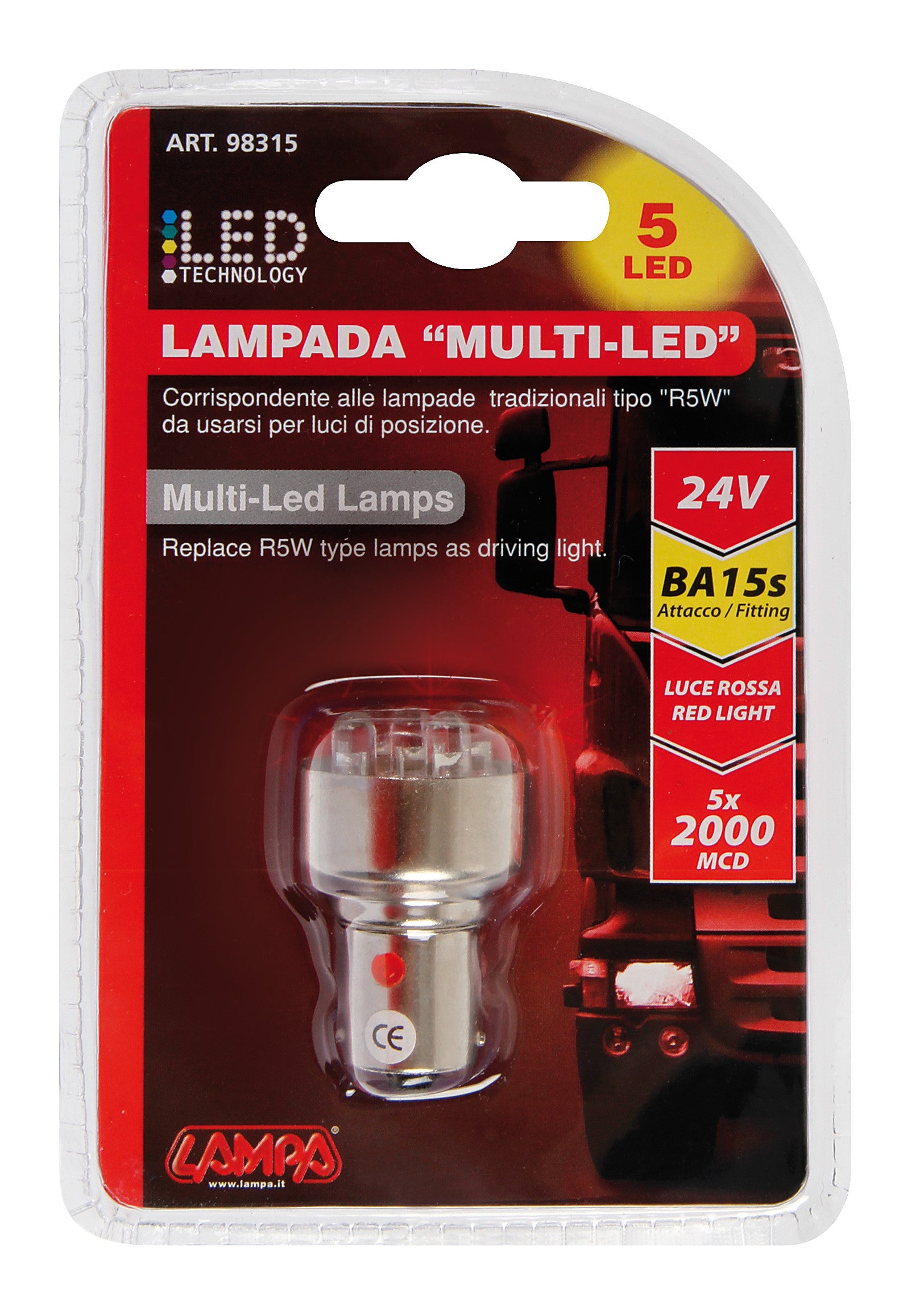 24V Lampada Multi-Led 5 Led - (R10W) - BA15s - 1 pz - D/Blister - Rosso