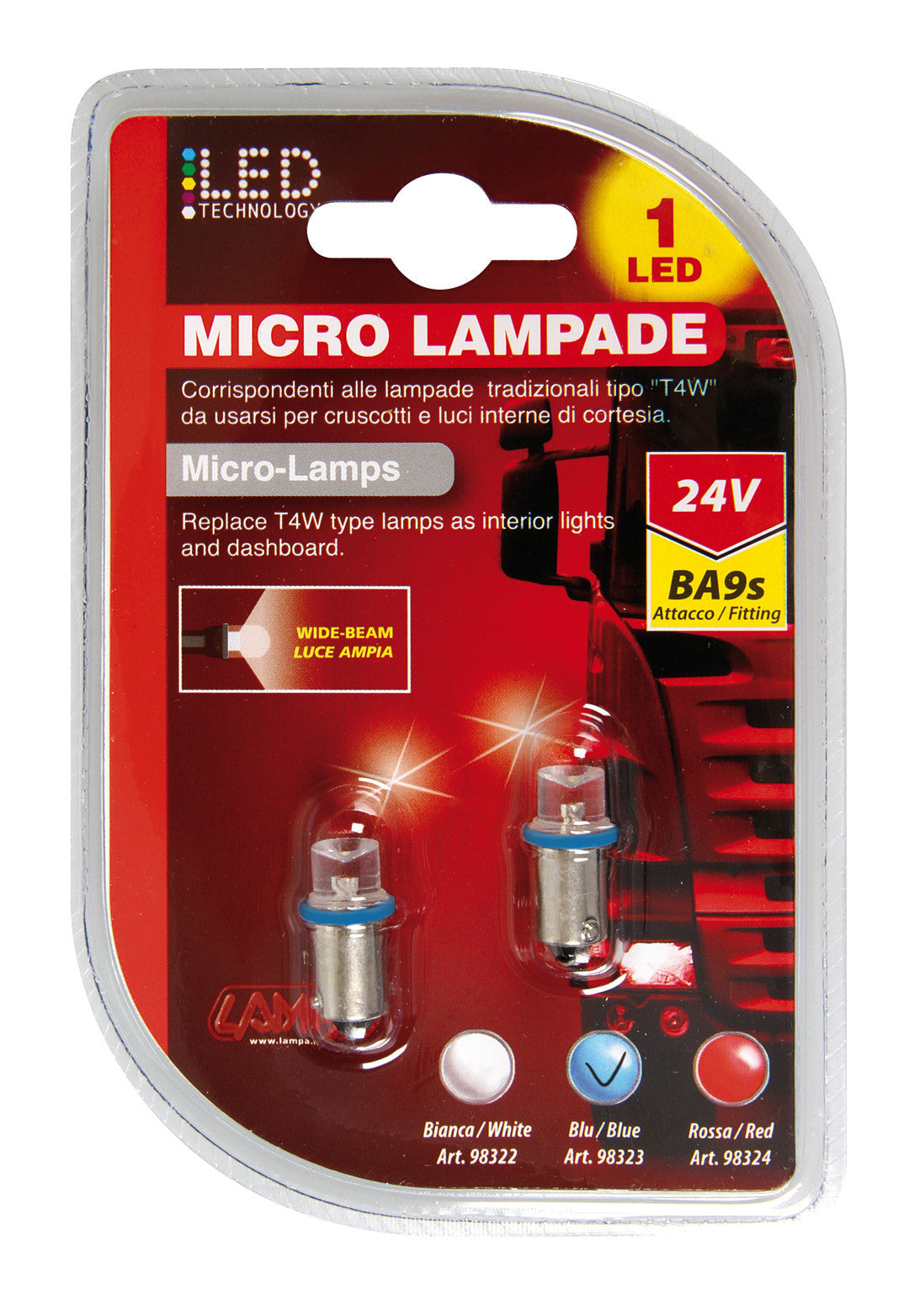 24V Led Series - 1 Led - (T4W) - BA9s - 2 pz - D/Blister - Blu