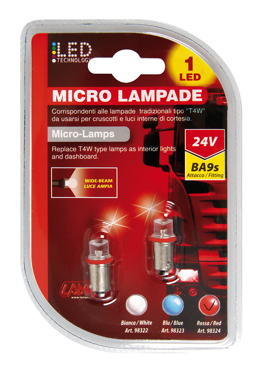 24V Led Series - 1 Led - (T4W) - BA9s - 2 pz - D/Blister - Rosso