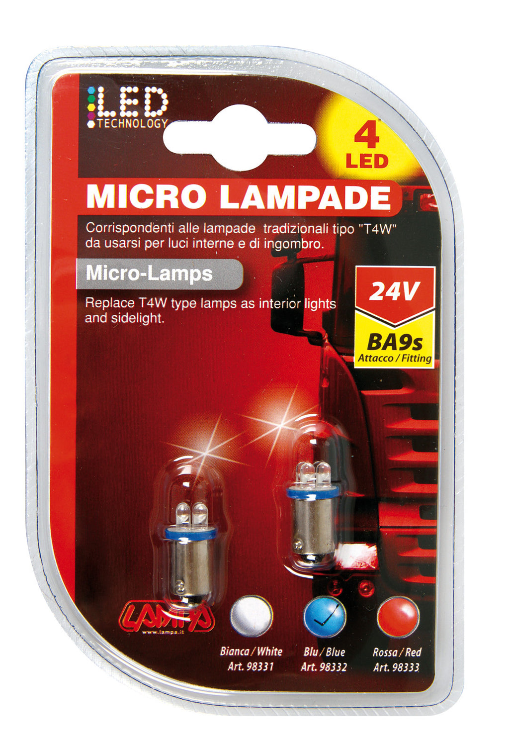 24V Led Series - 4 Led - (T4W) - BA9s - 2 pz - D/Blister - Blu