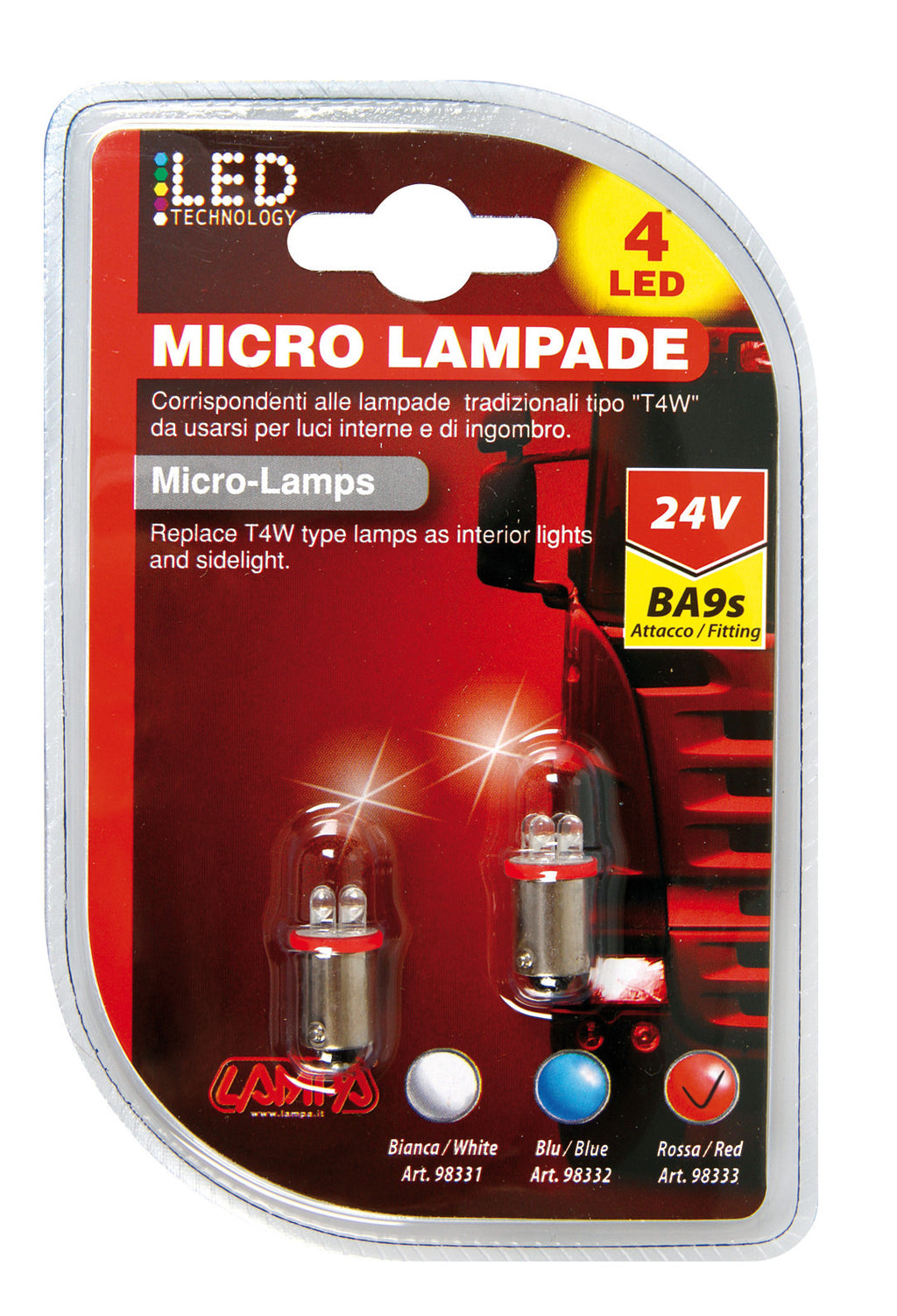 24V Led Series - 4 Led - (T4W) - BA9s - 2 pz - D/Blister - Rosso