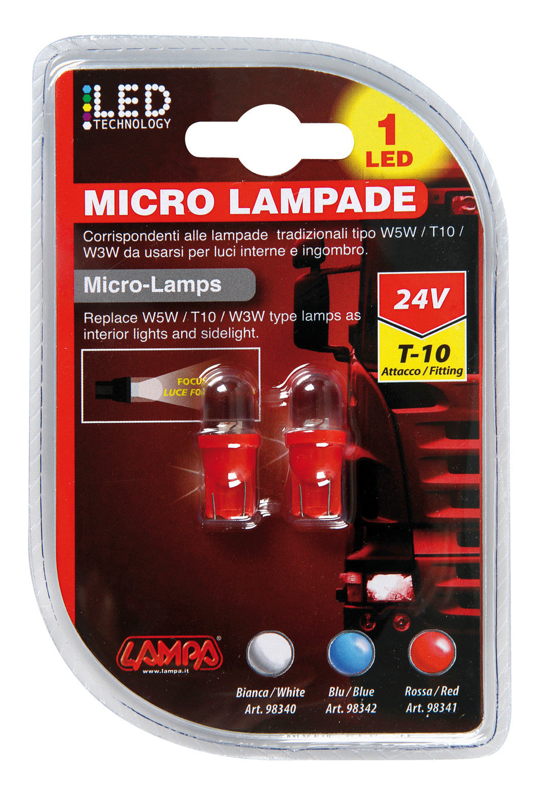 24V Micro lampada 1 Led - (T10) - W2,1x9,5d - 2 pz - D/Blister - Rosso