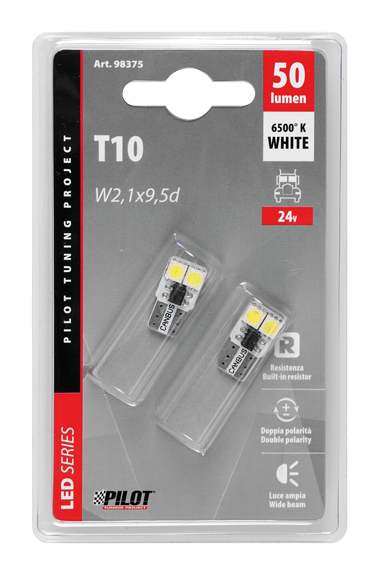 24V Hyper-Led 12 - 4 SMD x 3 chips - (T10) - Bifocus - W2,1x9,5d - 2 pz - D/Blister - Bianco - Doppia polarità - Resistenza incorporata