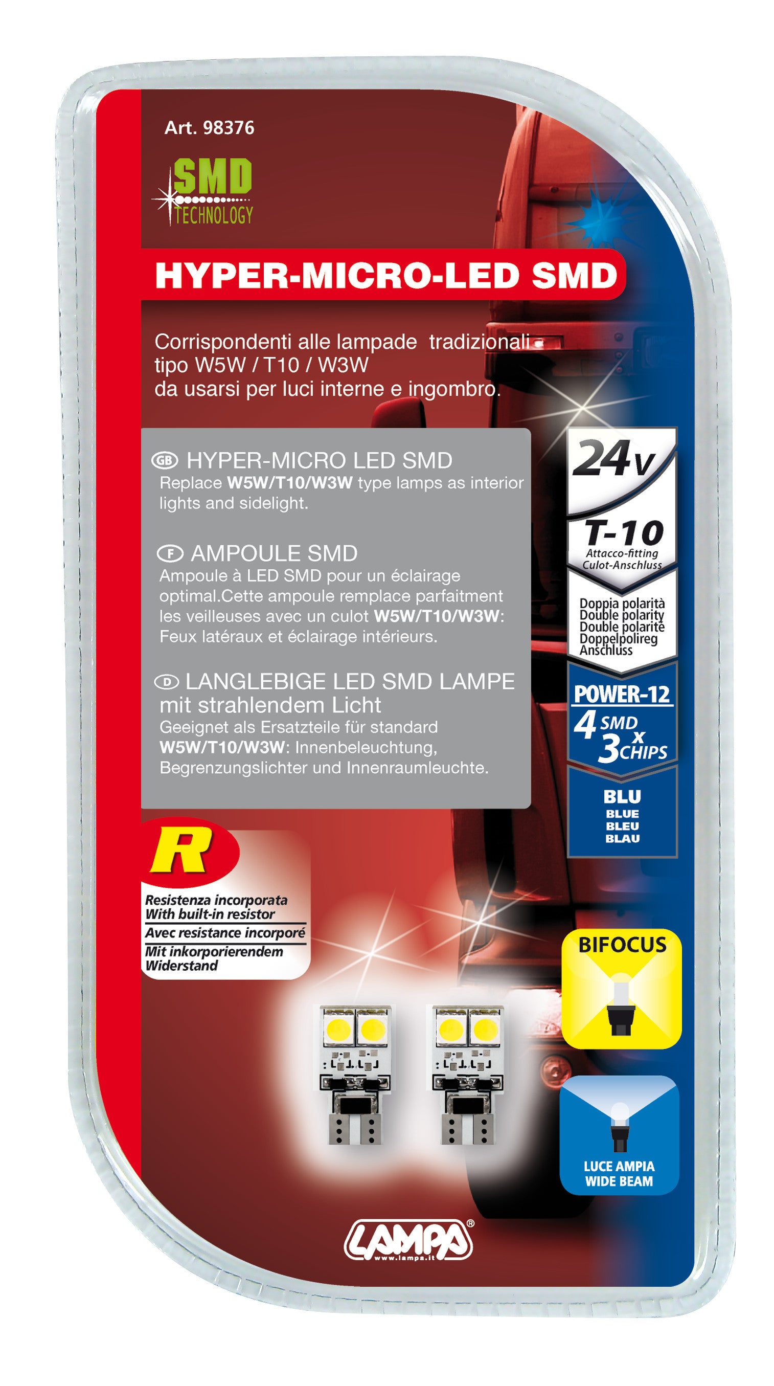 24V Hyper-Led 12 - 4 SMD x 3 chips - (T10) - Bifocus - W2,1x9,5d - 2 pz - D/Blister - Blu - Doppia polarità - Resistenza incorporata