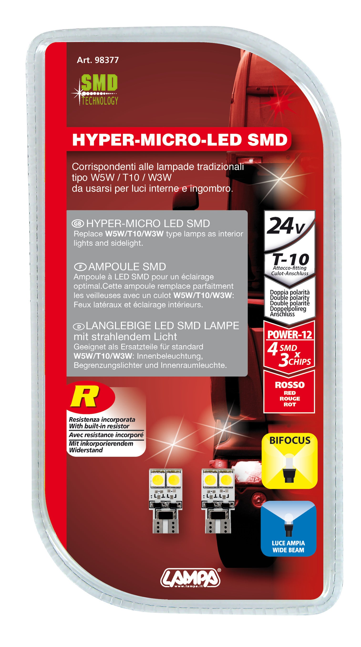 24V Hyper-Led 12 - 4 SMD x 3 chips - (T10) - Bifocus - W2,1x9,5d - 2 pz - D/Blister - Rosso - Doppia polarità - Resistenza incorporata