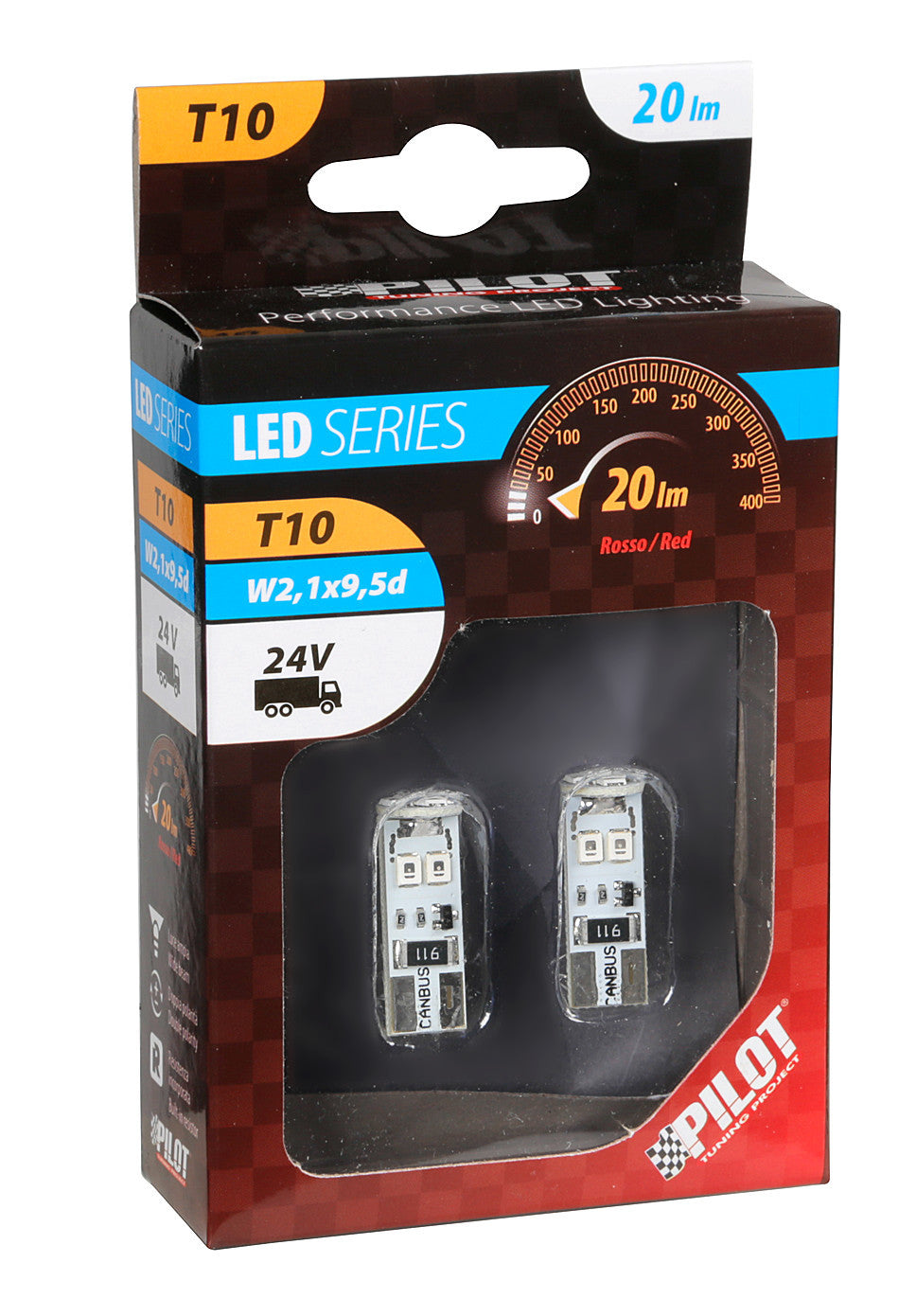 24V Hyper-Led 24 - 8 SMD x 3 chips - (T10) - Trifocus - W2,1x9,5d - 2 pz - Scatola - Rosso - Doppia polarità - Resistenza incorporata