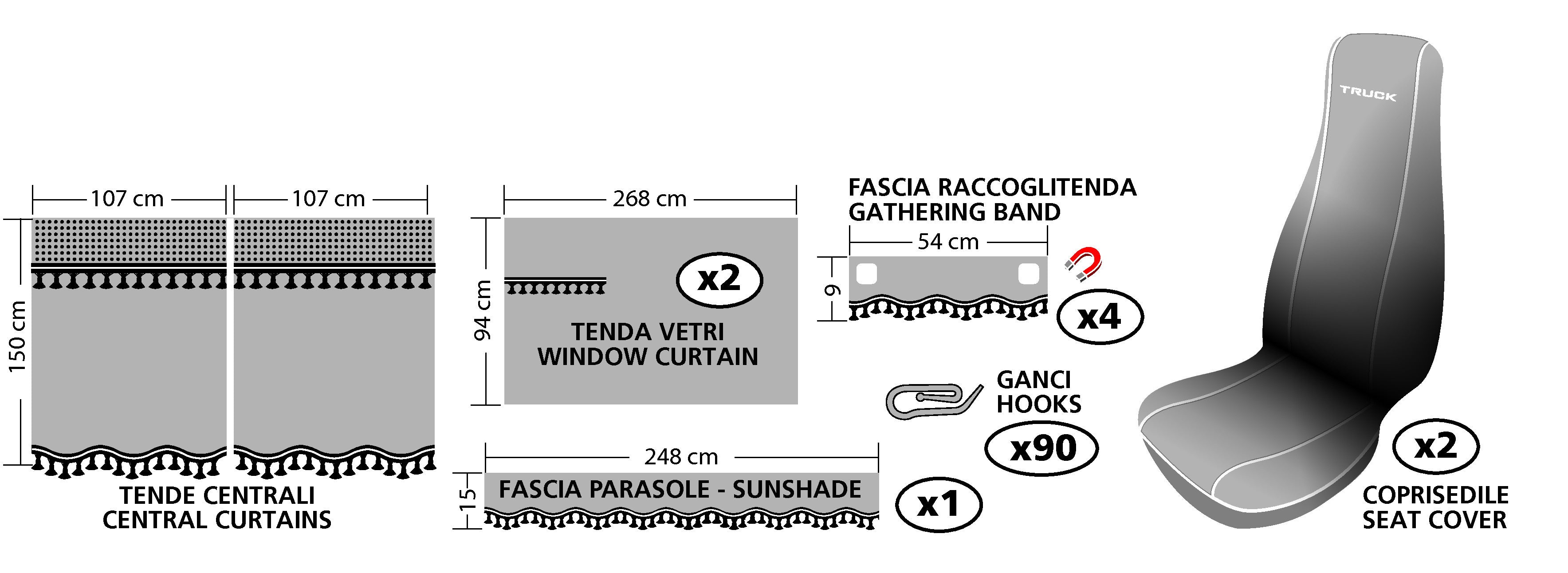 Melissa, set tende e coprisedili in microfibra per camion - Grigio