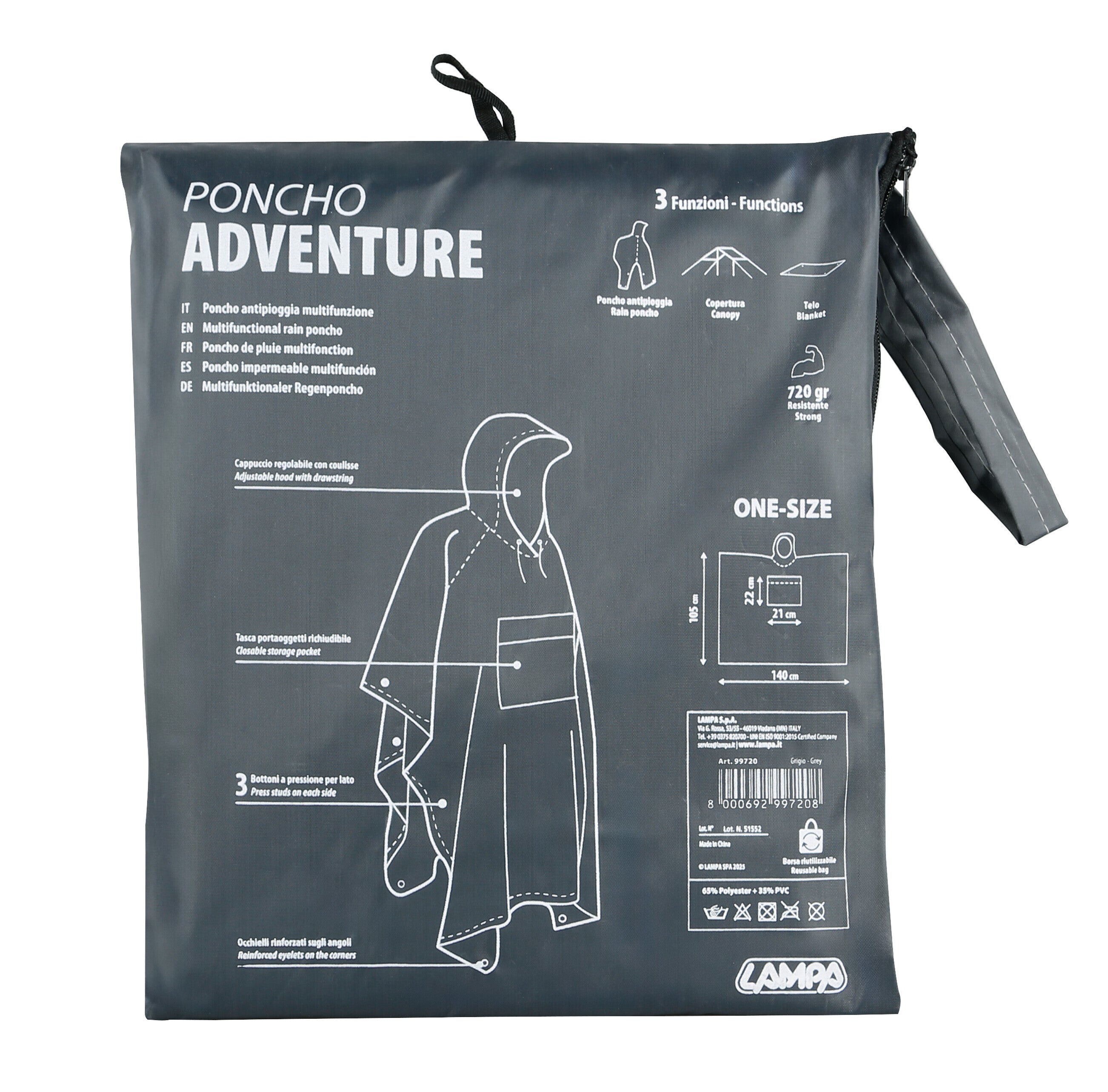 Adventure, poncho antipioggia multifunzione - Grigio